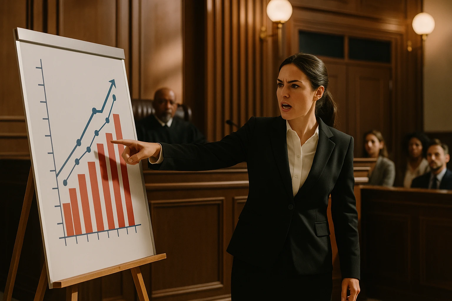 lawyer woman, giving a presentation, pointing at a chart, courtroom setting, assertive emoji