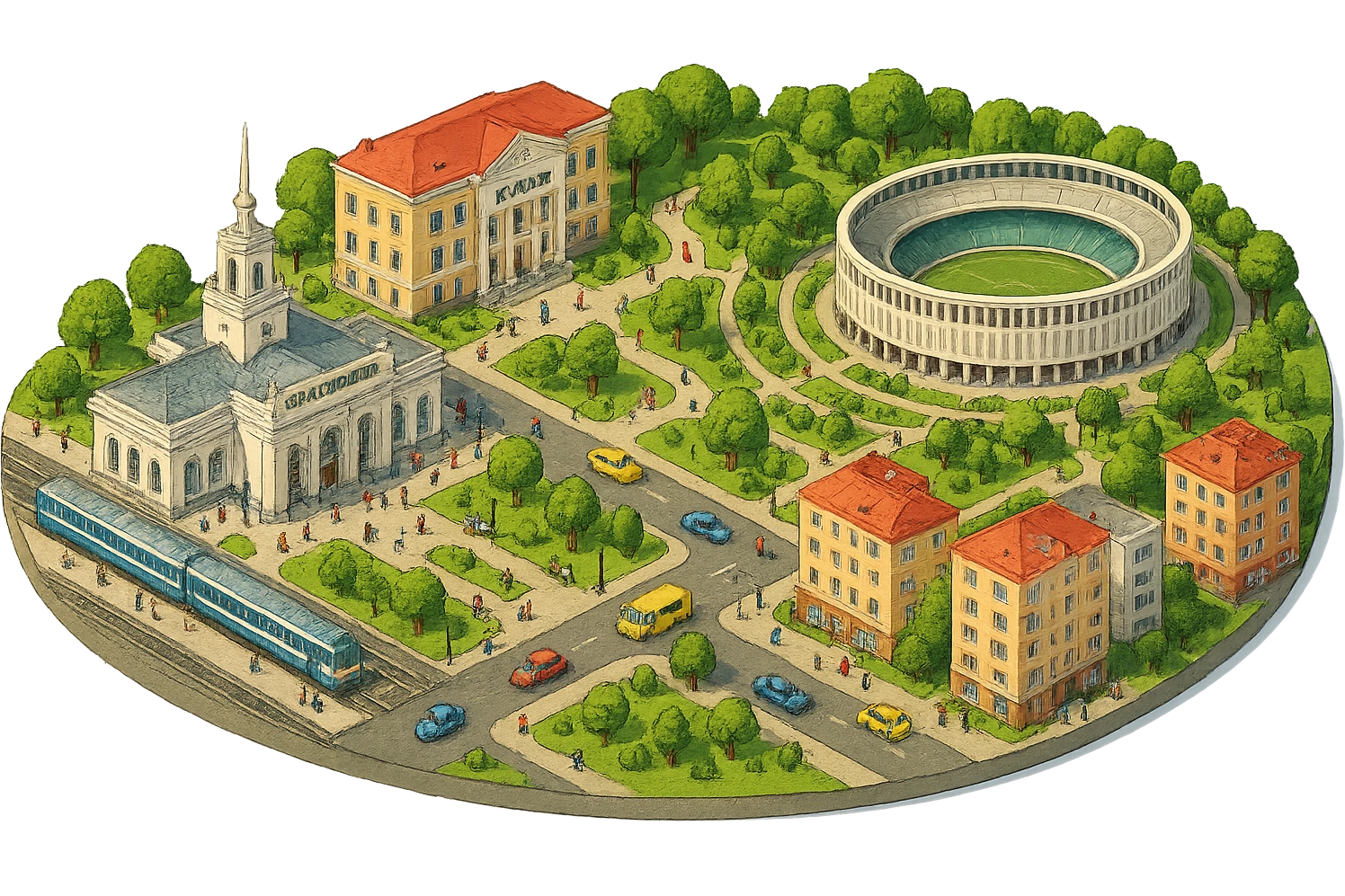 Изометричная миниатюрная фотореалистичная 3D модель панорамы Краснодара - вокзал Краснодар, КубГМУ, парк Краснодар со стадионом, краснодарские дома, автотранспорт четкие линии, яркие цвета, мультяшный реализм, люди, автотранспорт, компактная композиция, вид сверху в изометрии, прозрачный фон emoji