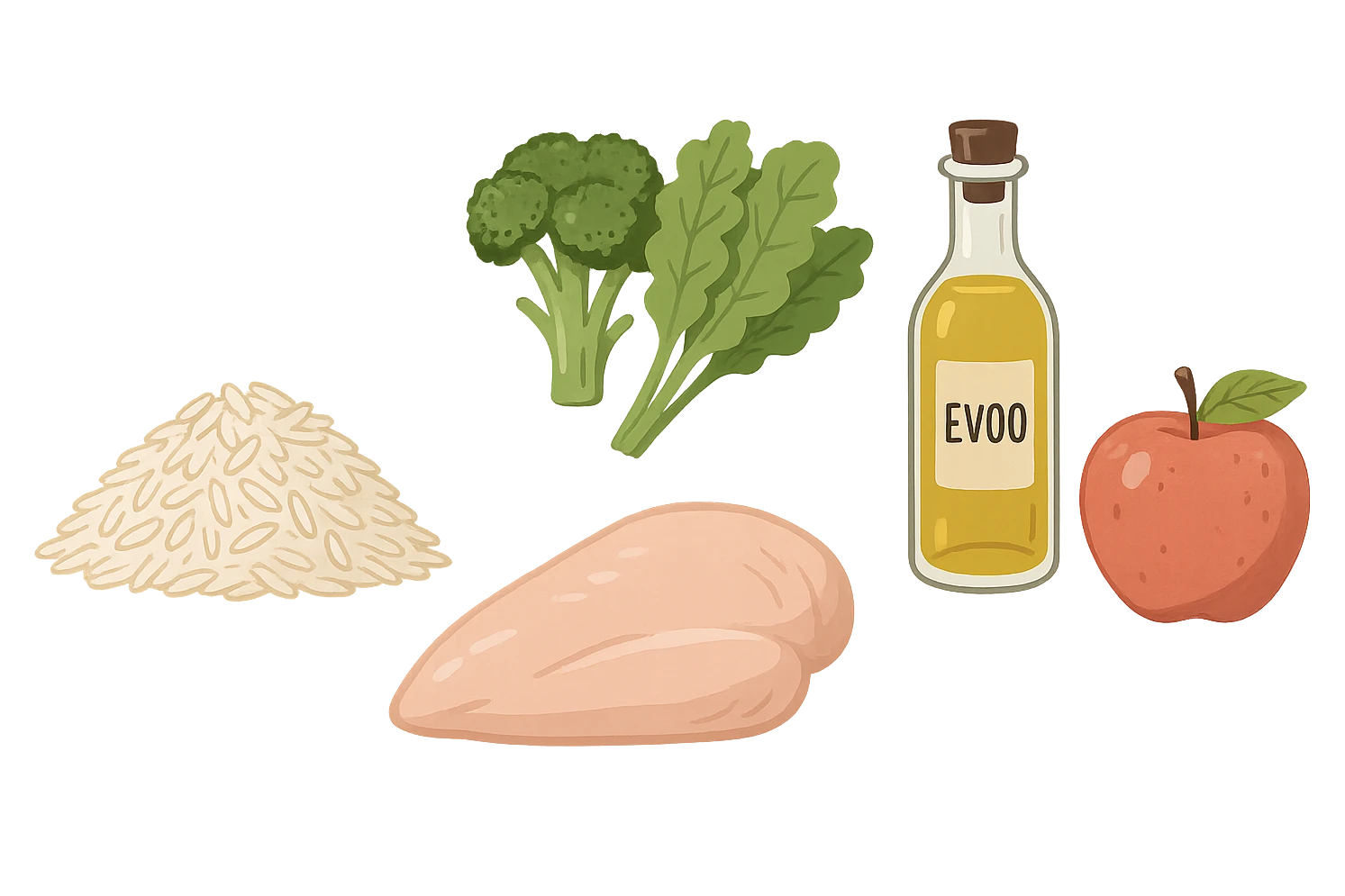 Riso basmati
Petto di pollo
Verdura fibrosa verde
Olio EVO
Mela emoji
