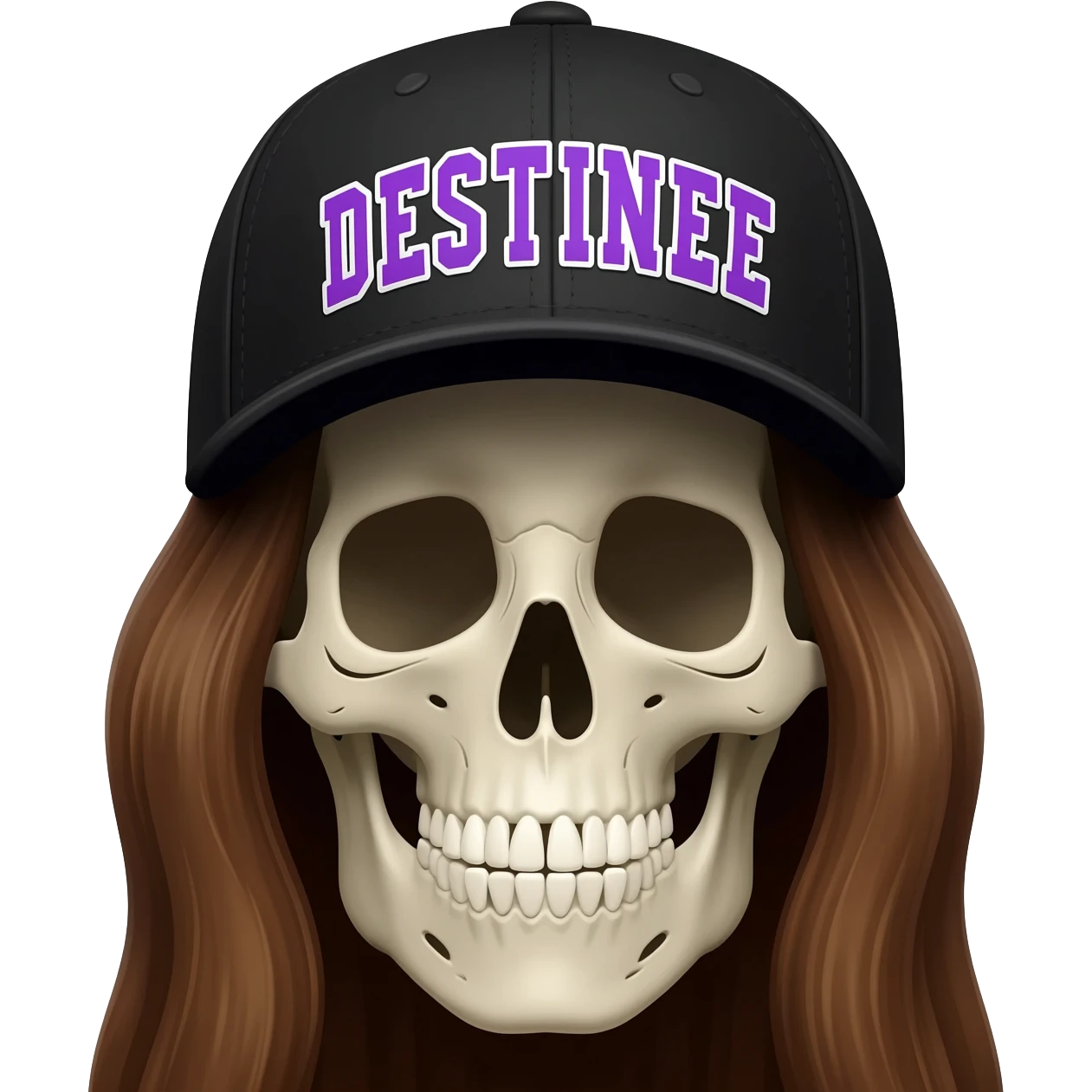 Create a skeleton head wearing a black baseball cap that says " DESTINEE " in lavender, and white lettering, with long brown hair emoji