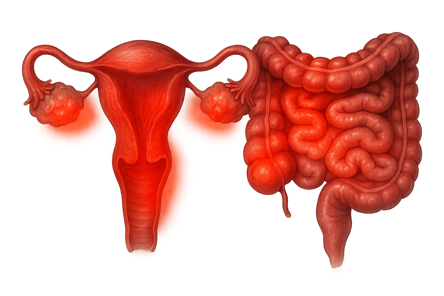 utero umano anatomico iperrealistico e intestino umano anatomico iperrealistico hanno in comune il dolore e l'infiammazione, rendi bene il collegamento tra i due organi doloranti emoji