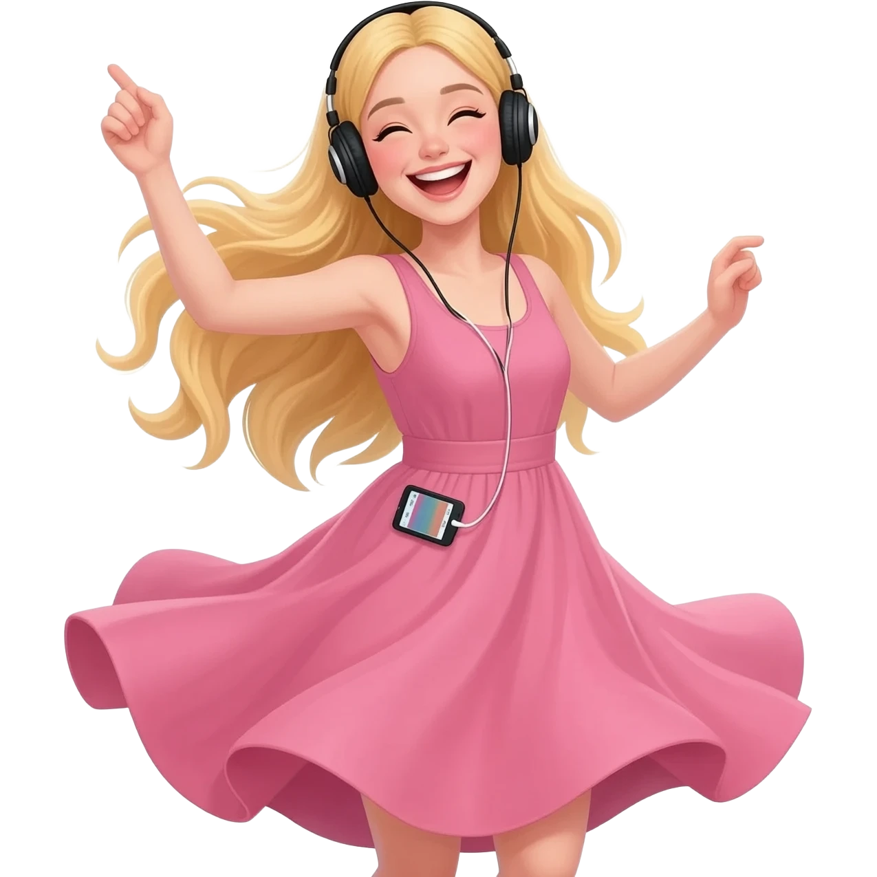 girl blonde long hair in pink dress listen to music rock and roll on black headphones with mp3 player in women's back and dancing emoji