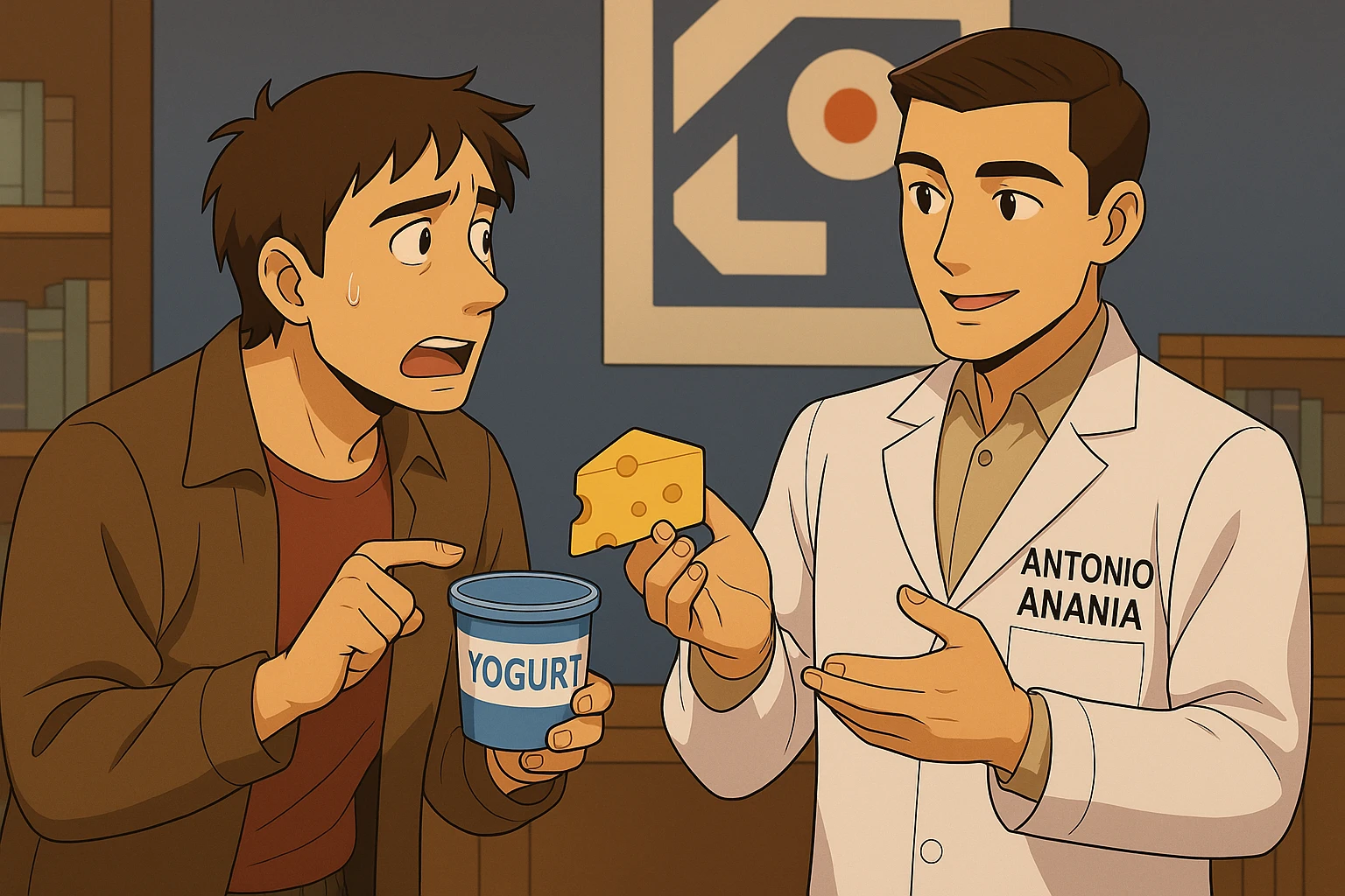fai un webtoon manga a colori con questo stile, in cui un uomo fa una domanda al kinesiologo con il camice bianco (fagli anche la scritta "ANTONIO ANANIA" SUL CAMICE, l'uomo chiede una cosa mostrando un formaggio e uno yogurt al kinesiologo con il camice, IL KINESIOLOGO annuisce e SPIEGA ALL'UOMO UNA cos. L'UOMO ha un ESPRESSIONE CONFUSA IN VOLTO. non fare i fumetti però, fai solo in modo che sembri stiano parlando emoji
