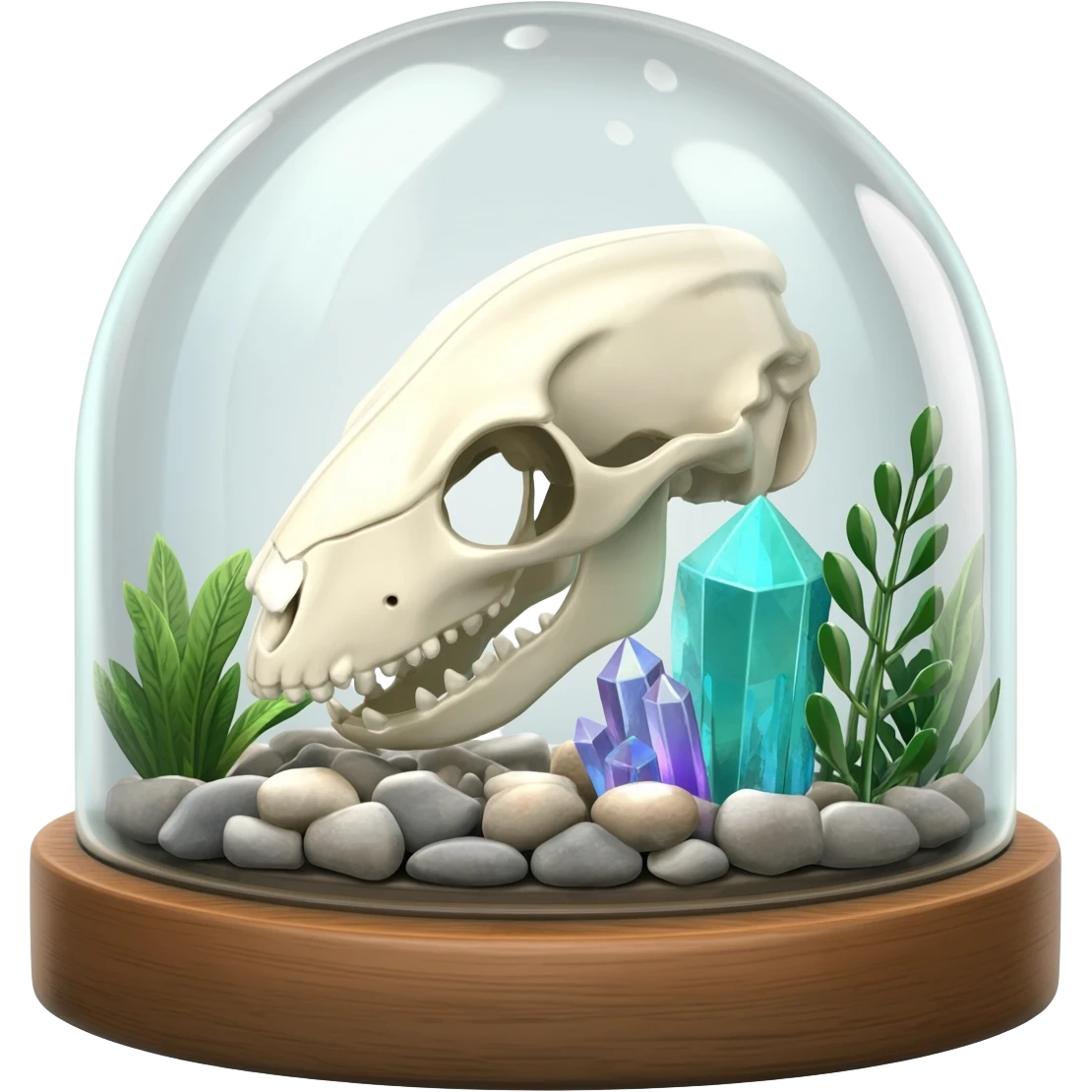A terrarium glass dome with an animal skull inside, shiny pebbles and crystal inside. And plants inside  emoji