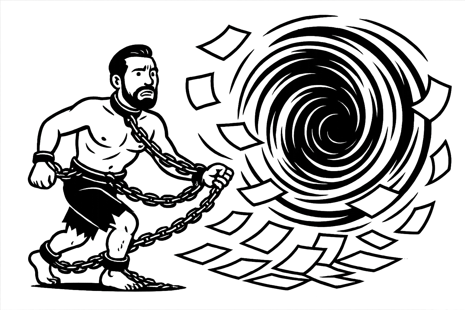 Используя такую стилистику сгенерируй героя в образе раба, закованного в кандалы и цепи идут в огромный ураган из бумаги, который символизирует бумажную рутину, прозрачный фон emoji