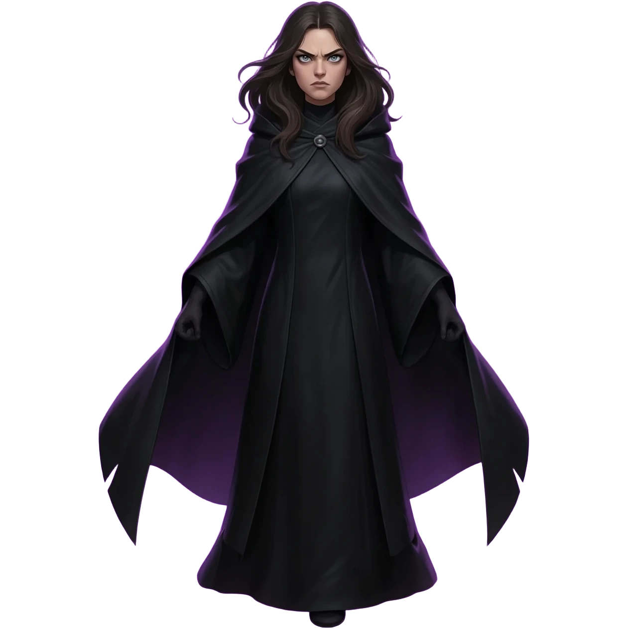 Black cloak with purple aura and boundaries female full body open hair intense emoji