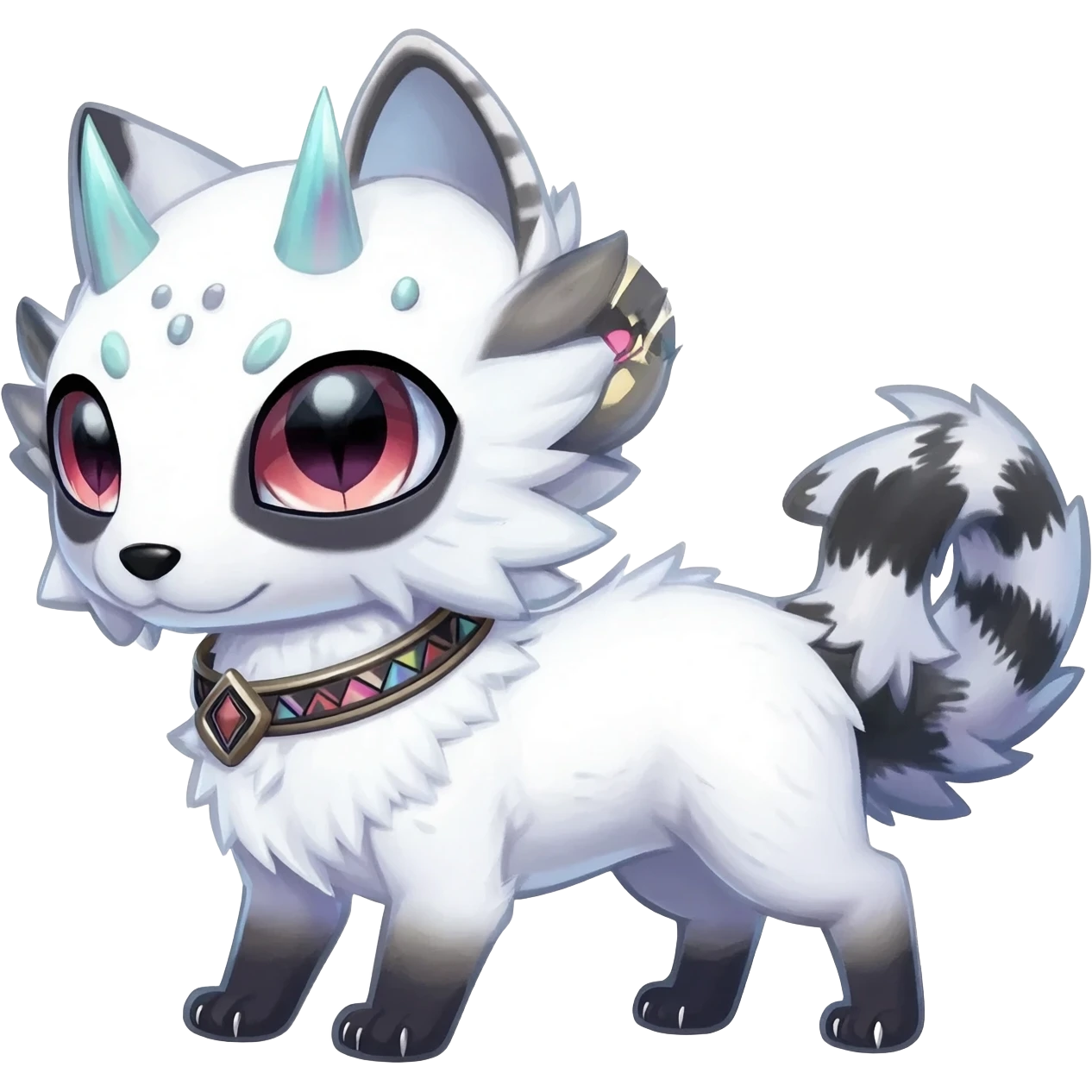 Rare white exotic cute epic aesthetic gothic colorful Salandit-Litten-Furfrou-Sylveon-Civet-species-Fakemon-hybrid-creature, with a collar, and with intricate tribal markings, full body emoji