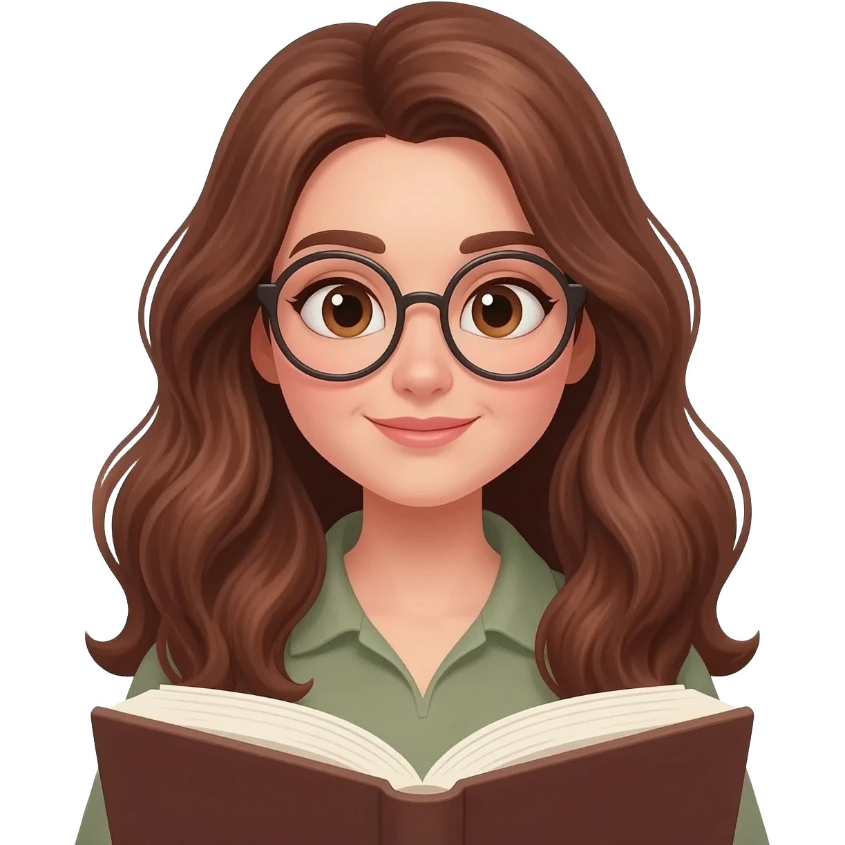 detailed emoji illustration of a curvy woman with long chestnut brown wavy hair, light brown eyes and round glasses reading a book with an emotional expression, touched by the story, emoji style emoji