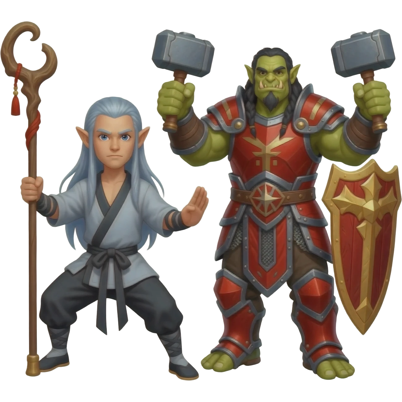 A male elf kungfu master with a staff and long silver blue hair, a taller male orc shaman with hammers in each hand, and a male elf paladin in red armor, as a group emoji