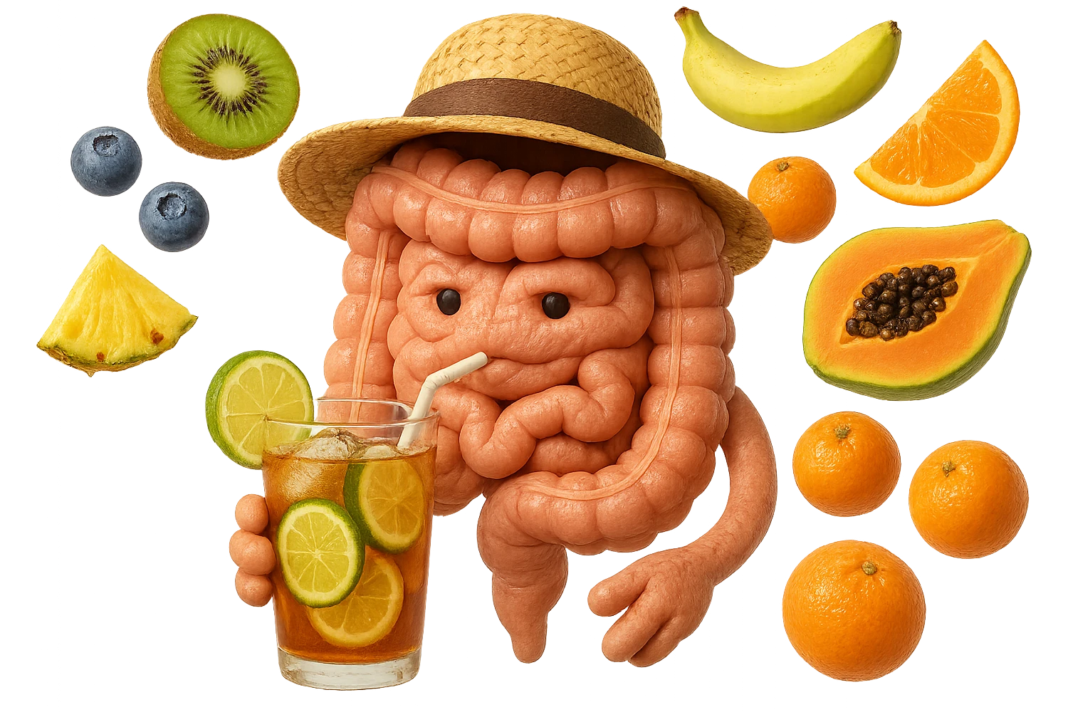 EMOJI STILE IPHONE DI INTESTINO UMANO REALISTICO CON CAPPELLO DI PAGLIA DA SPIAGGIA CHE BEVE UN Tè FREDDO IN BICCHIERE DI VETRO CON DENTRO  fette di cetriolo, limone, lime, DIETRO L'INTESTINO FLUTTUANO PEZZETTI DI Kiwi
Banana acerba
Arance e mandarini
Mirtilli
Ananas
Papaya
IPERREALISTICO 4K emoji