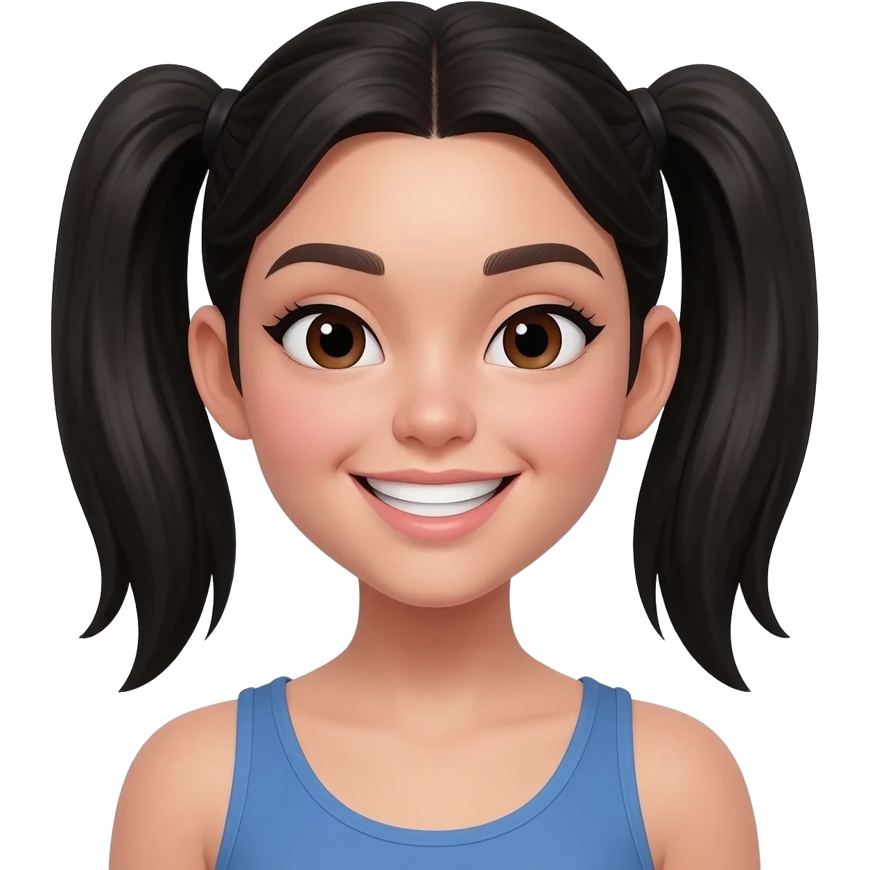 create an emoji of a teenage woman, pale skin (at least not tanned), smile. she has a flirty look, two black piggy tails, dark brown eyes, natural lips. she wears a blue tank top emoji
