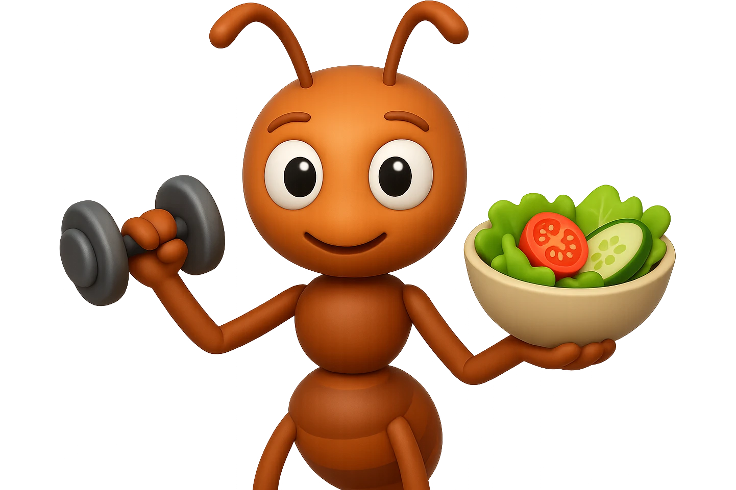 EMOJI STILE IPHONE 3D DI UNA formica CHE ha un manubrio da palestra nella mano destra e un insalata nella mano sinistra, FAGLI GLI OCCHI CON LA PARTE BIANCA, NON SOLO LA PUPILLA emoji
