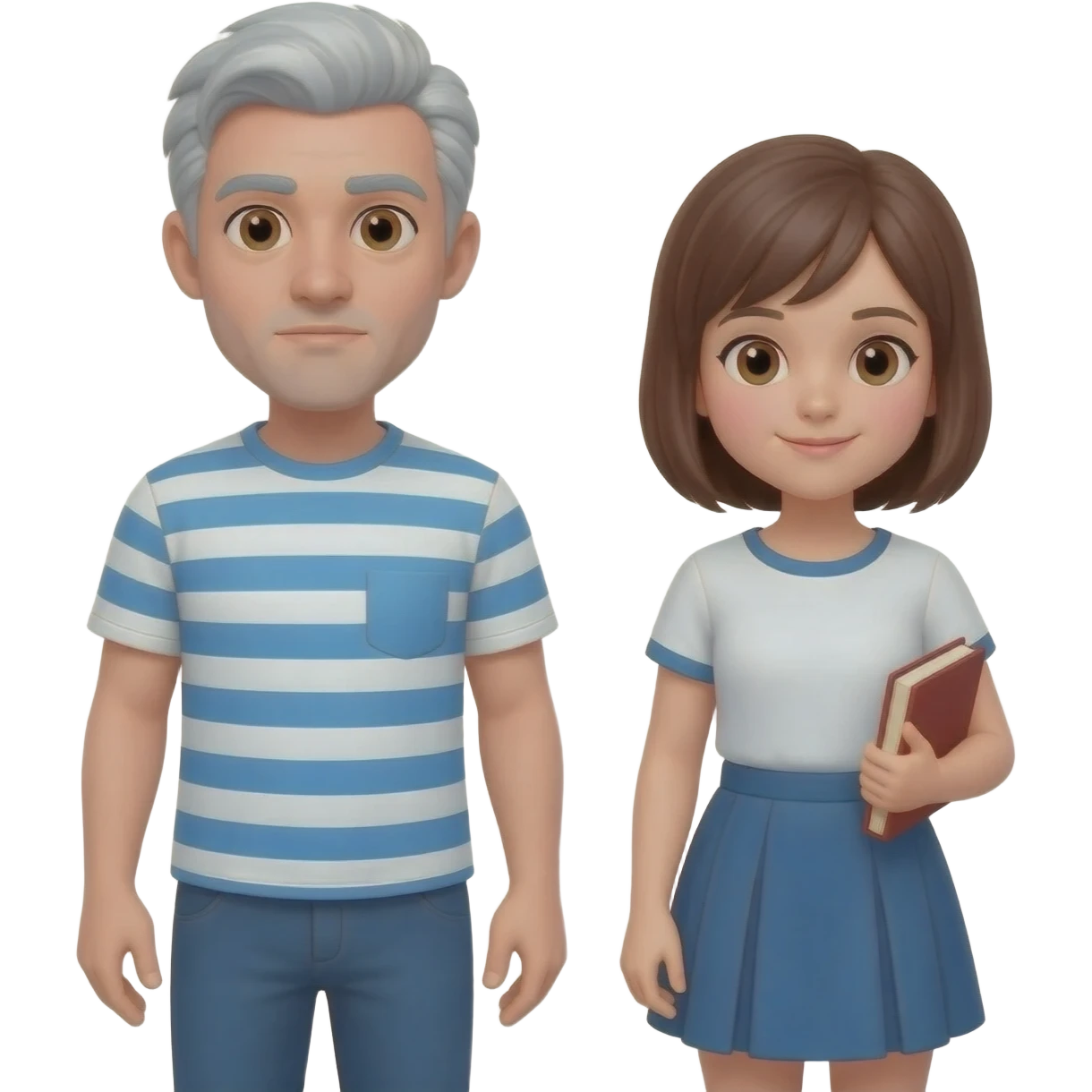 三人嘅emoji~男要灰白色頭髮~穿藍白橫條T卹不要胡蘇~一個女仕就又攣又長嘅啡頭髮~另一個少女就係啡色頭髮穿少女裙子書卷氣～平排一起面向鏡頭 emoji