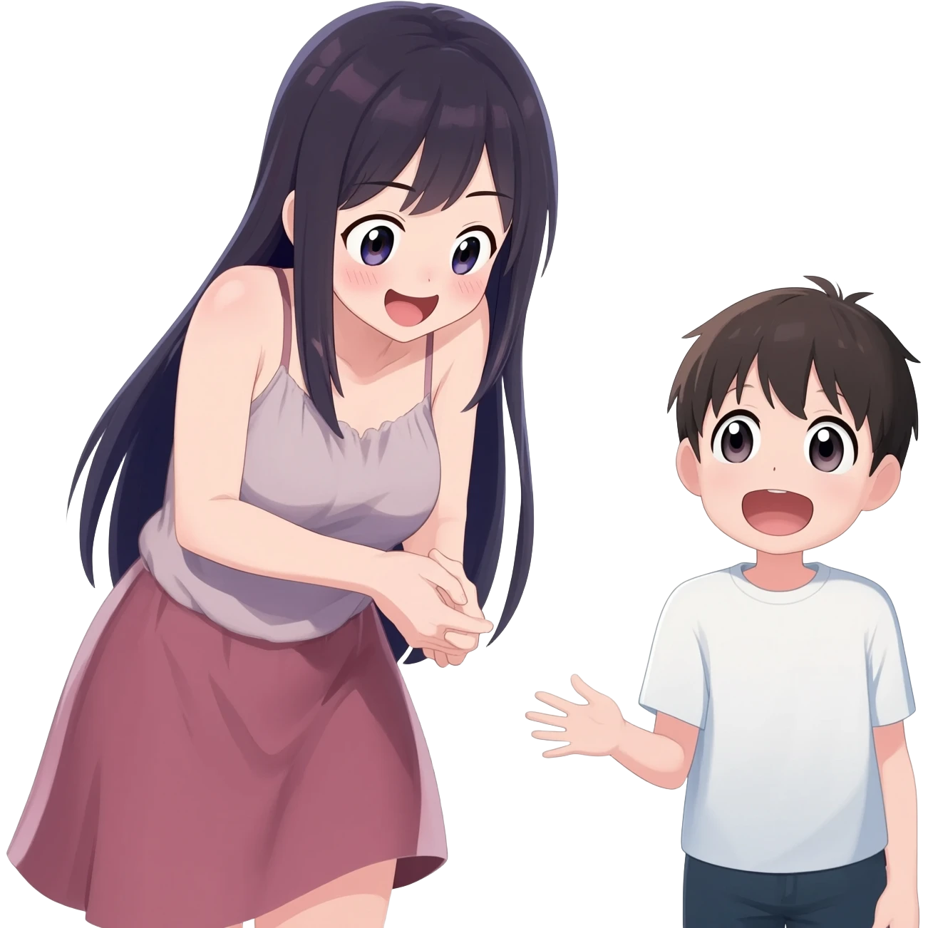 Anime girl long hair giggling  elder sister gives younger brother surprise by showing her completely nude body emoji