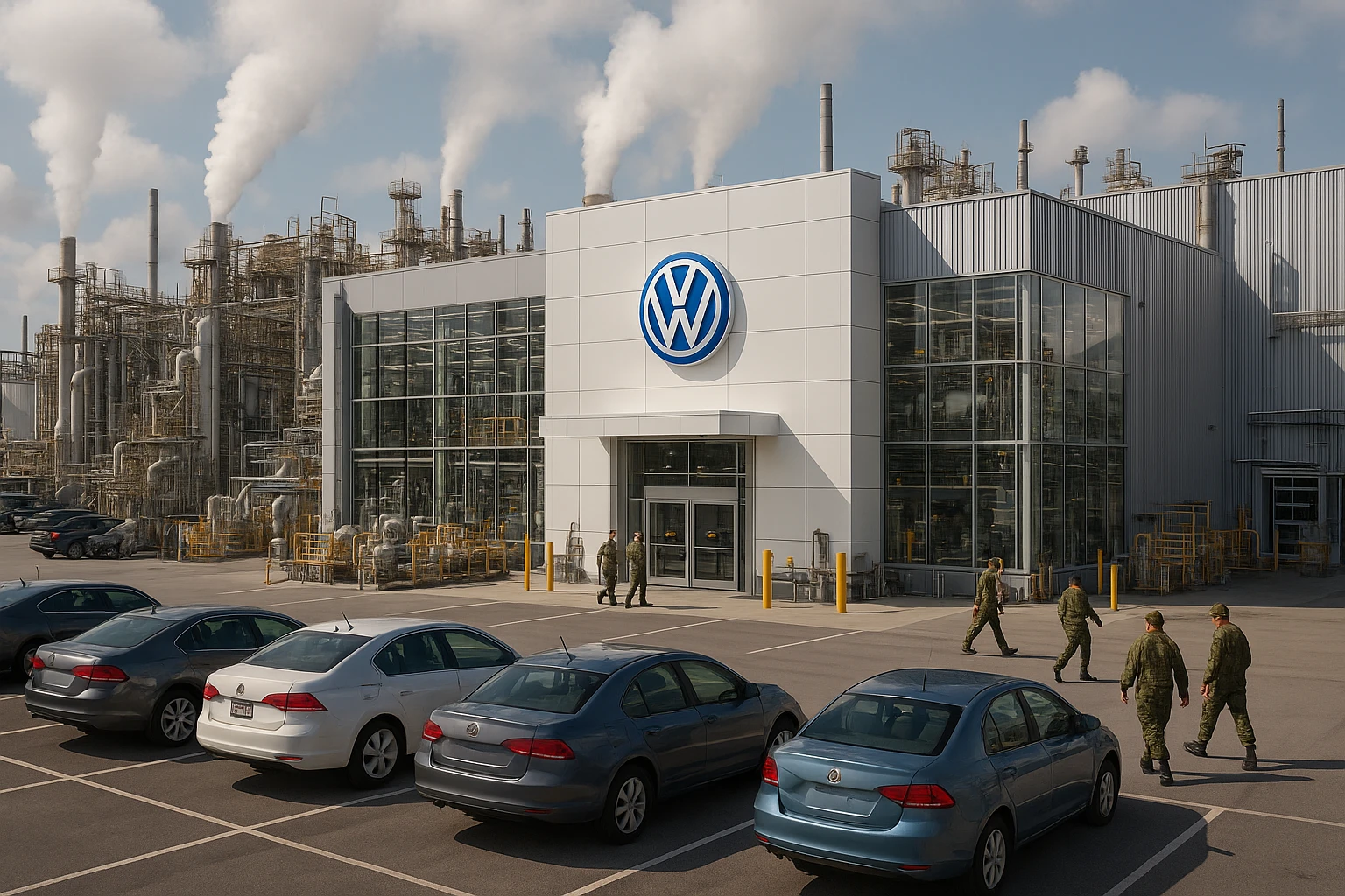 Realistic Volkswagen factory exterior, large industrial building with Volkswagen logo, parking lots filled with cars, factory grounds with machinery and equipment, realistic lighting and shadows, industrial atmosphere, workers in uniforms walking around, camouflage colors emoji