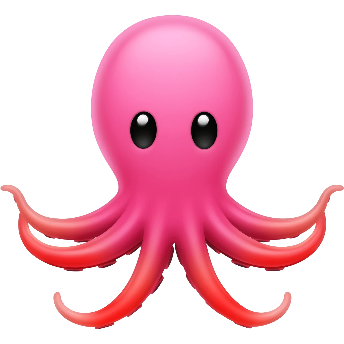 Un pulpo caricaturesco de frente, con cabeza grande y redonda rosada, dos ojos negros con brillo blanco, sin boca visible, parte inferior rojo-rosada y tentáculos curvados abiertos hacia los lados. 🐙 emoji