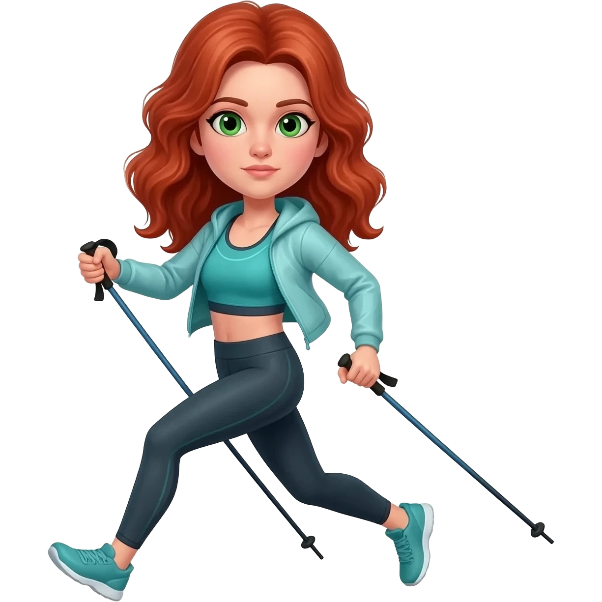 Frau rote Haare, Sportkleidung , grüne Augen , Nordicwalking emoji