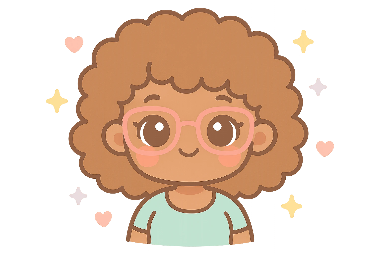kawaii style character with curly hair, light brown skin, brown eyes, pink prescription glasses, busty emoji