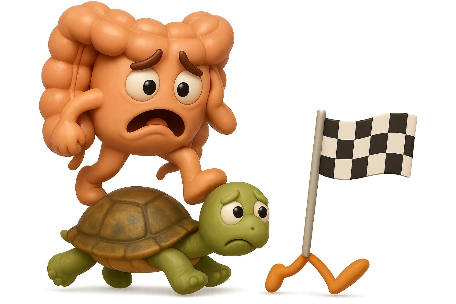  EMOJI STILE IPHONE 3D DI UN INTESTINO CON ESPRESSIONE ANGOSCIATA CHE CAMMINA SUL GUSCIO DI UNA TARTARUGA IN ATTESA ESTENUANTE DI RAGGIUNGERE UN TRAGUARDO POCO PIù AVANTI, SULLA LORO DESTRA. IL TRAGUARDO è UNA BANDIERA A DUE PIEDI CON FASCIA A SCACCHI BIANCHI E NERI. iperrealistico 4k emoji