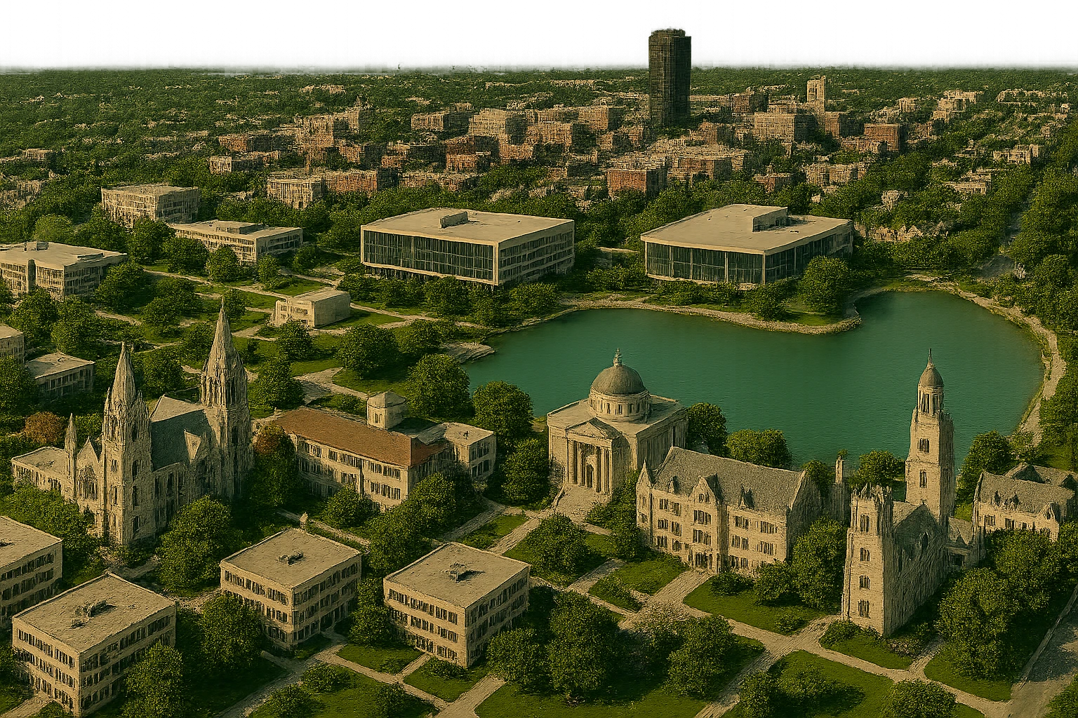 Add the Sigma Chi International Fraternity Headquarters and the Levere Memorial Chapel (Sigma Alpha Epsilon HQ) as new, visible landmarks to the existing cityscape. Keep all original Northwestern University campus, Lake Michigan shoreline, and downtown Evanston features intact. Do not remove or change any existing elements. Render in a cinematic, realistic style with a transparent background. emoji