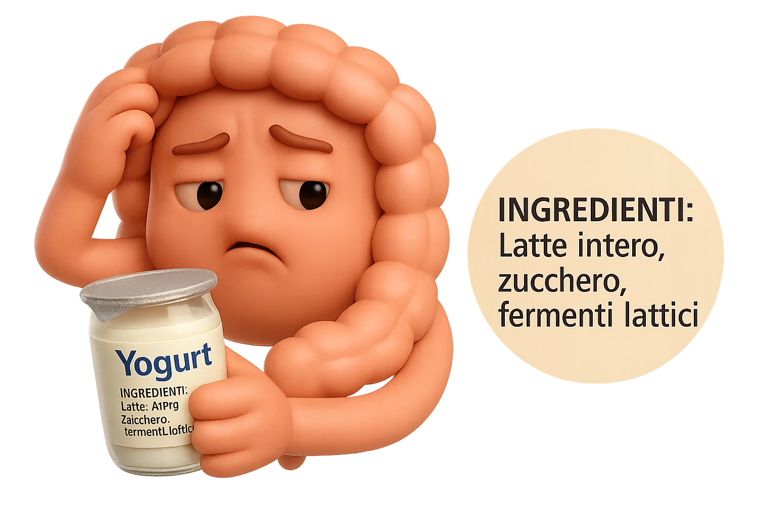 SU QUESTO STILE FAI UN EMOJI STILE IPHONE 3D DI UN INTESTINO CHE HA IN MANO UN BARATTOLO DI YOGURT CONFEZIONATO DA SUPERMERCATO E LEGGE L'ETICHETTA NUTRIZIONALE CON GLI INGREDIENTI IN ITALIANO, ACCANTO ALLO YOGURT CHE HA IN MANO C'è UN FOCUS SULL'ETICHETTA CON GLI INGREDIENTI SCRITTI, FAGLI UN ESPRESSIONE CONFUSA MENTRE LEGGE E FALLO MOLTO REALISTICO IN 3D emoji