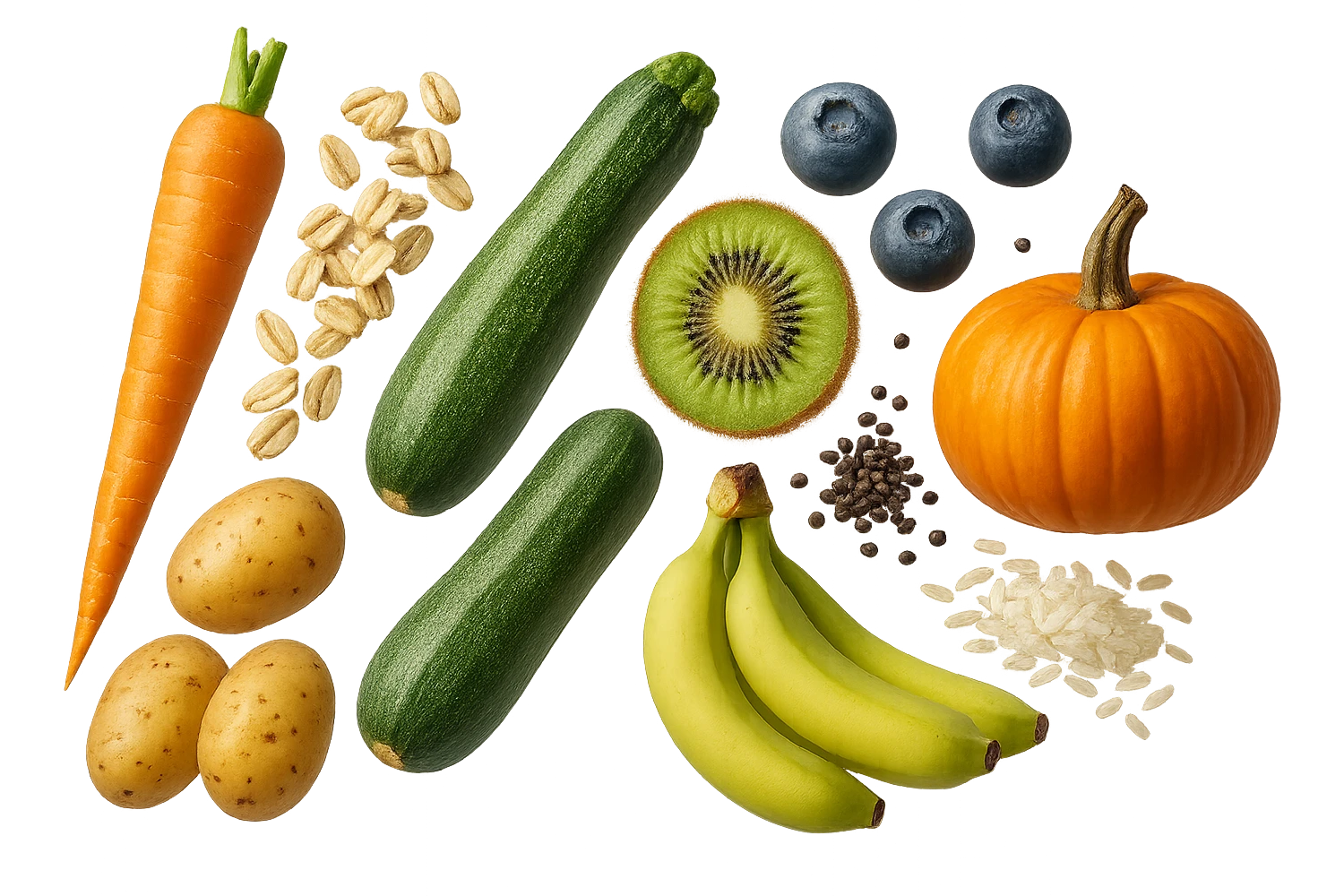 carota, fiocchi di avena, zucchine, kiwi, mirtilli, semi di chia, patate, banane acerbe, zucca, riso fluttuano in aria verticalmente, iperrealistici 4k emoji