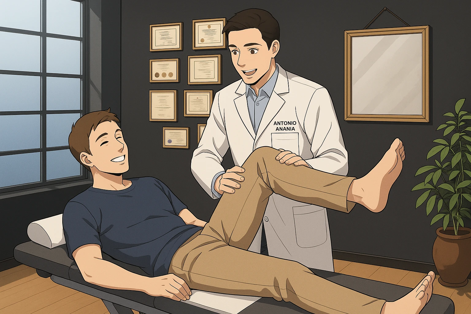 su questo lettino rappresenta un webtoon manga a colori con questo stile, in cui un uomo è steso sul lettino medico e il kinesiologo con il camice bianco (fagli anche la scritta "ANTONIO ANANIA" SUL CAMICE, gli solleva una gamba per fargli il test neuromuscolare, IL KINESIOLOGO SPIEGA ALL'UOMO UNA cosa mentre gli alza la gamba. l'espressione dell'uomo è felice e soddisfatta, non fare i fumetti però, fai solo in modo che sembri stiano parlando emoji