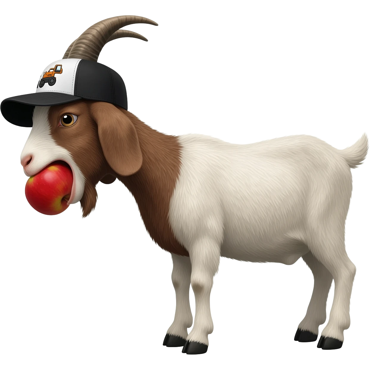 A goat wearing black and white trucker bobcat equipment hat eating an apple. emoji