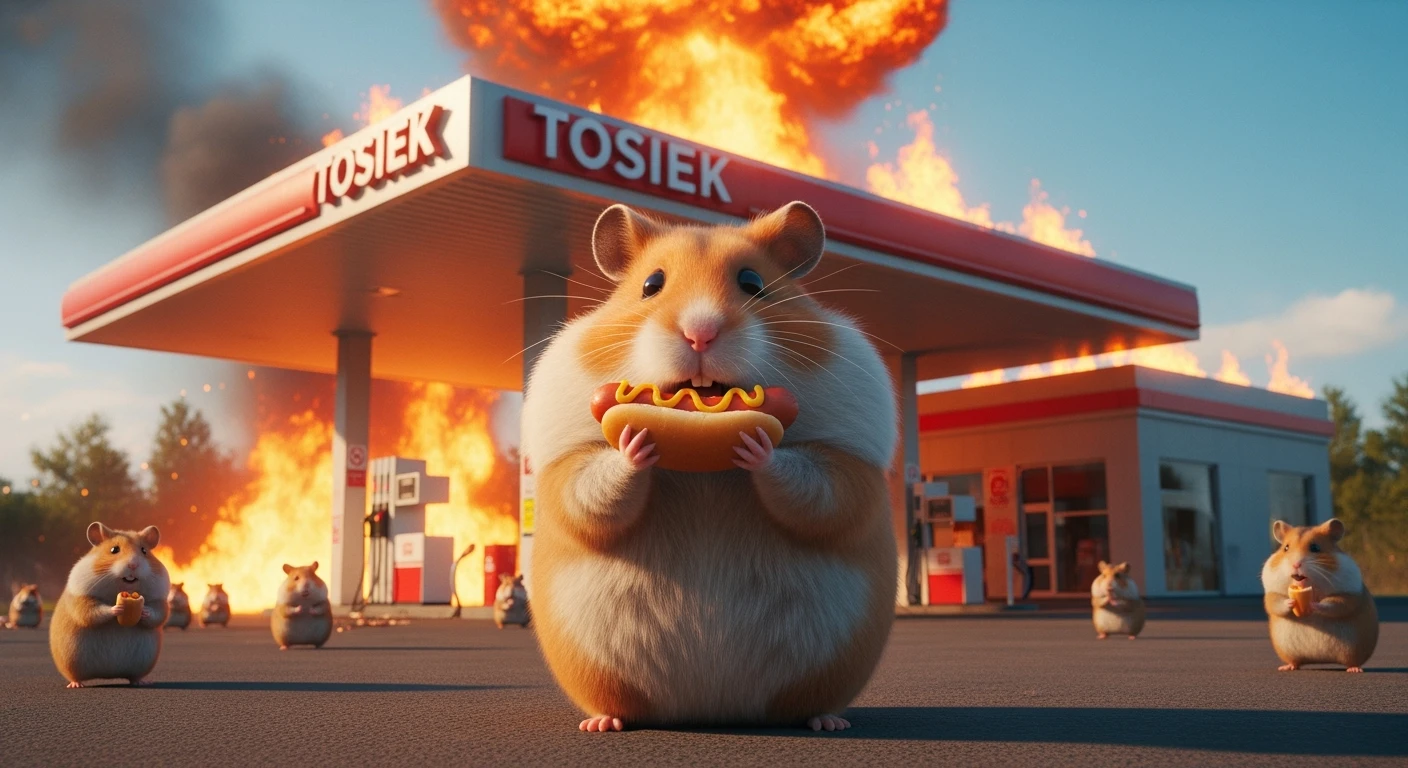 Cinematic still of A portrait of a fat hamster eating hotdog on gas station, gas station is in fire, other hamster fun away, sunny day, back light explosion , gas station named "Tosiek" (Realistic) emoji