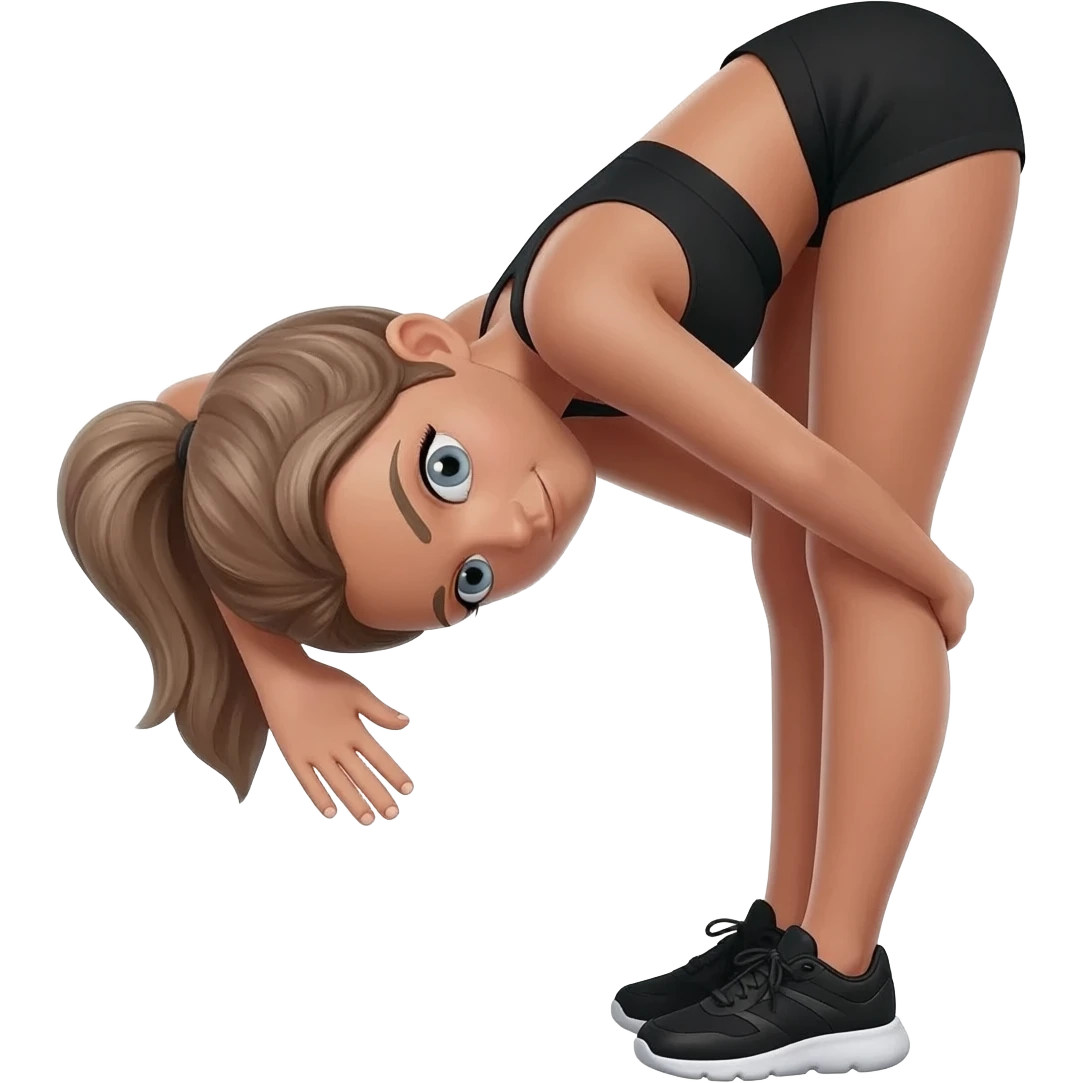 standing forward fold stretch, fair-skinned woman, light gray-blue eyes, ash brown brows, ash light brown hair tied back, slim athletic body, black workout set, black sneakers with white soles emoji