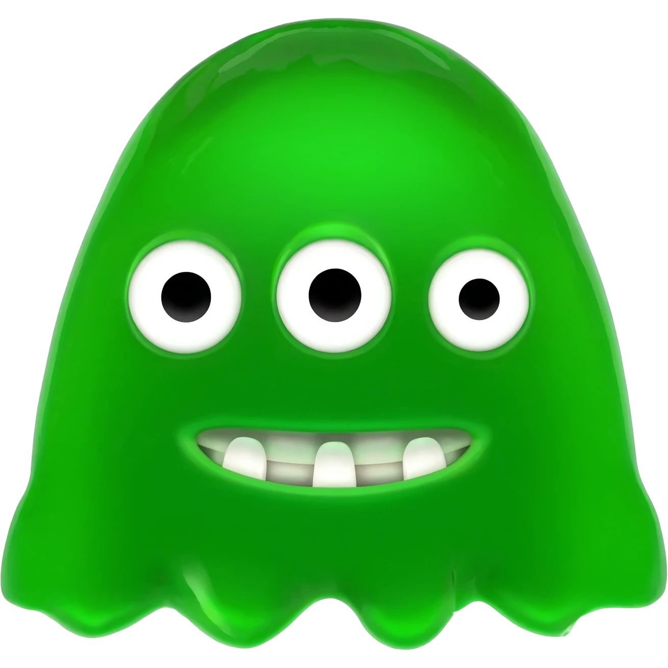 SQUIDGY jelly monster green with 3 eyes joined together, black pupils, white eyes together and smiling mouth with straigt teeth emoji