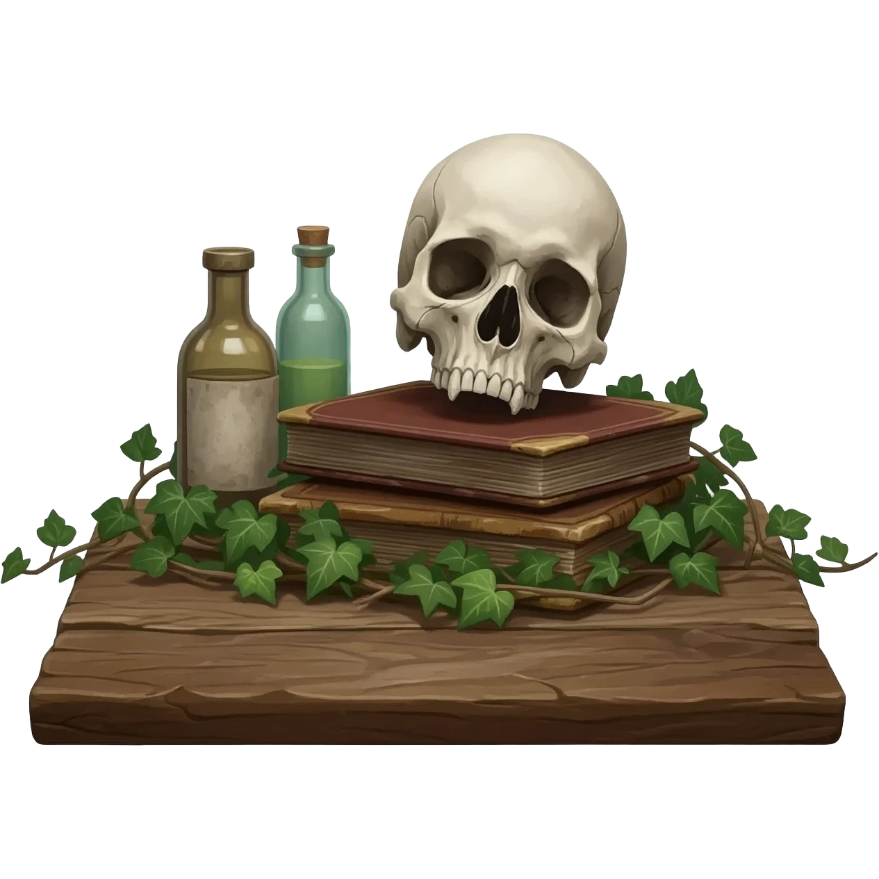 realistic cinematic - Joel Peter Witkin style - still life arranged on a wooden board, includes a corpse's head, tiny dusty bottles, old battered books, some wrapped ivy emoji