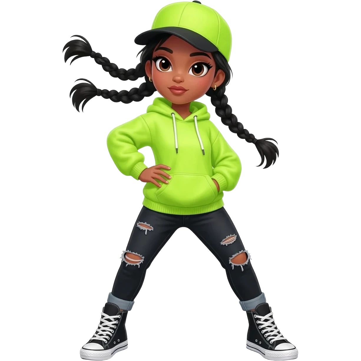 Hip hop dancer girl in a cool outfit with black braids and a cap emoji
