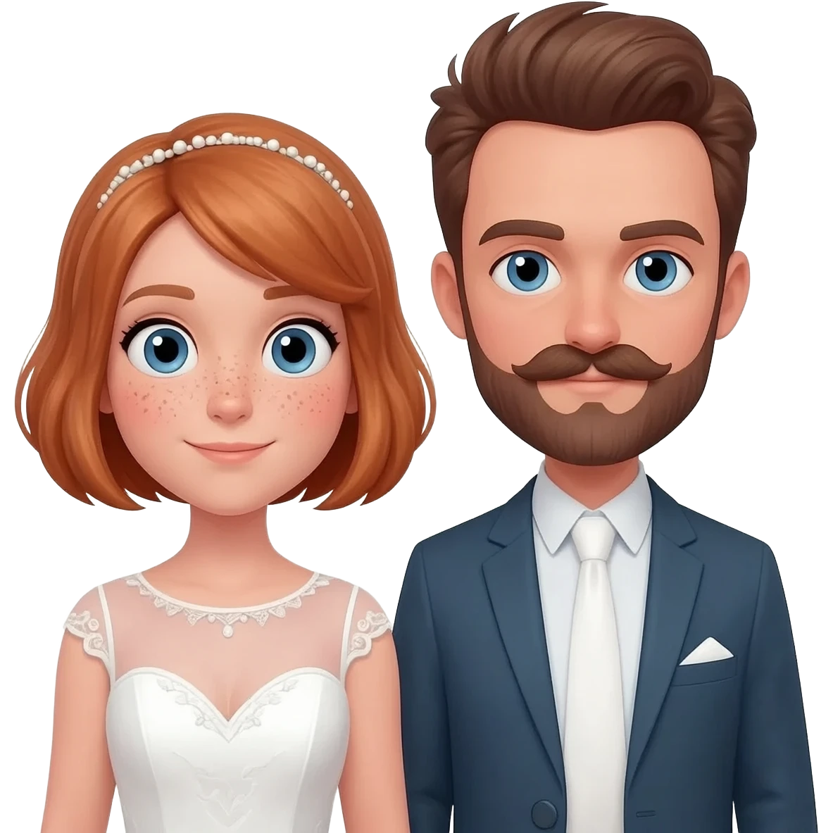 Ginger short hair bride with blue eyes and freckles and brown hair groom with blue eyes and short beard/mustache together emoji