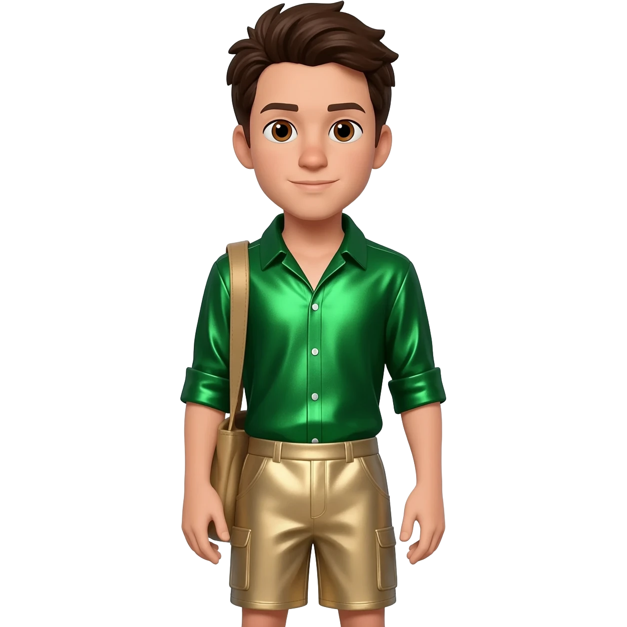 Chris Kratt with brown eyes, dark brown hair, green metallic shirt, beige metallic baggy shorts emoji