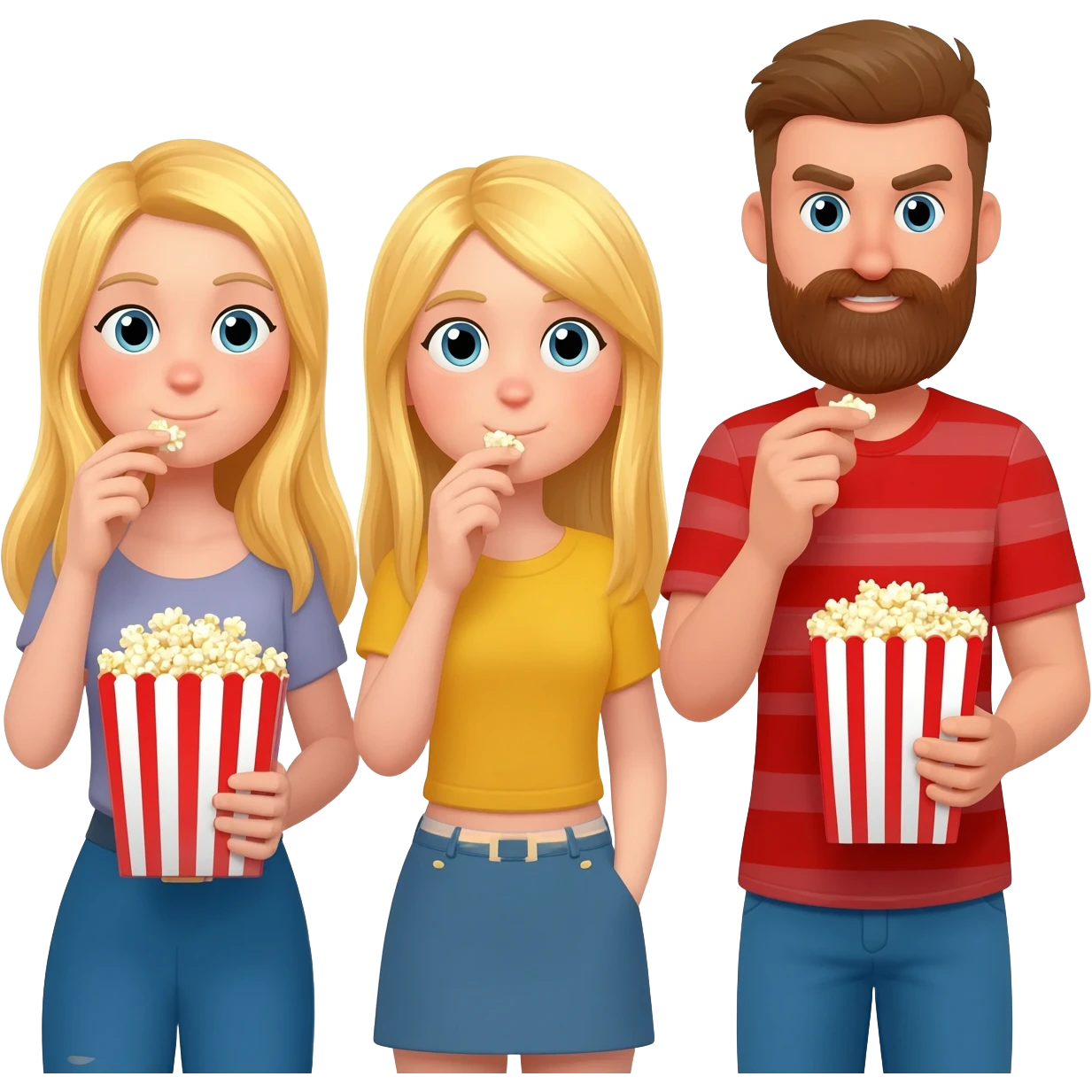 2  blonde girls and a guy with a beard standing eating popcorn emoji
