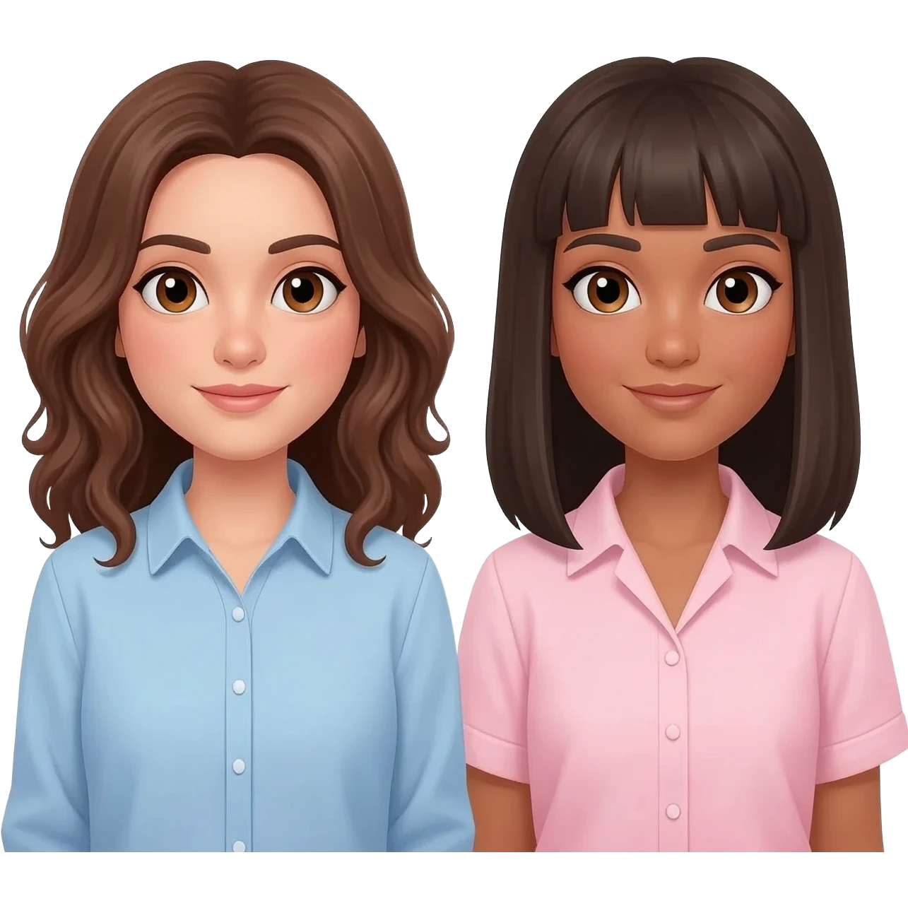two friends one has toasted skin brunette wavy longish hair light blue shirt . other is straight dark brown hair long natural skin tone light pink shirt emoji