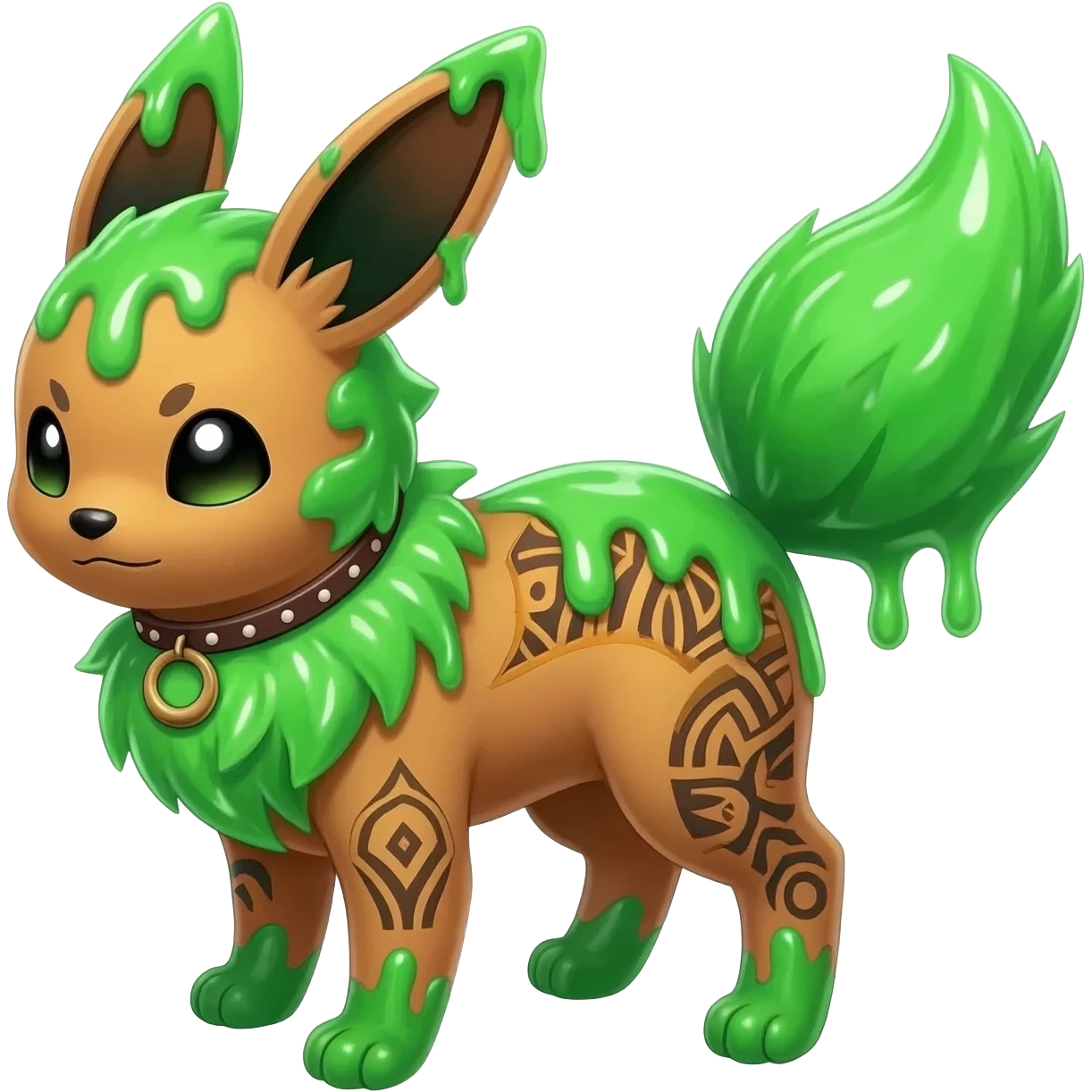 Rare epic greenish exotic cool creepy slimy gooey epic aesthetic gothic colorful Salandit-Eevee-Civet-species-Fakemon-hybrid-creature, with a collar, and with intricate tribal markings, full body emoji