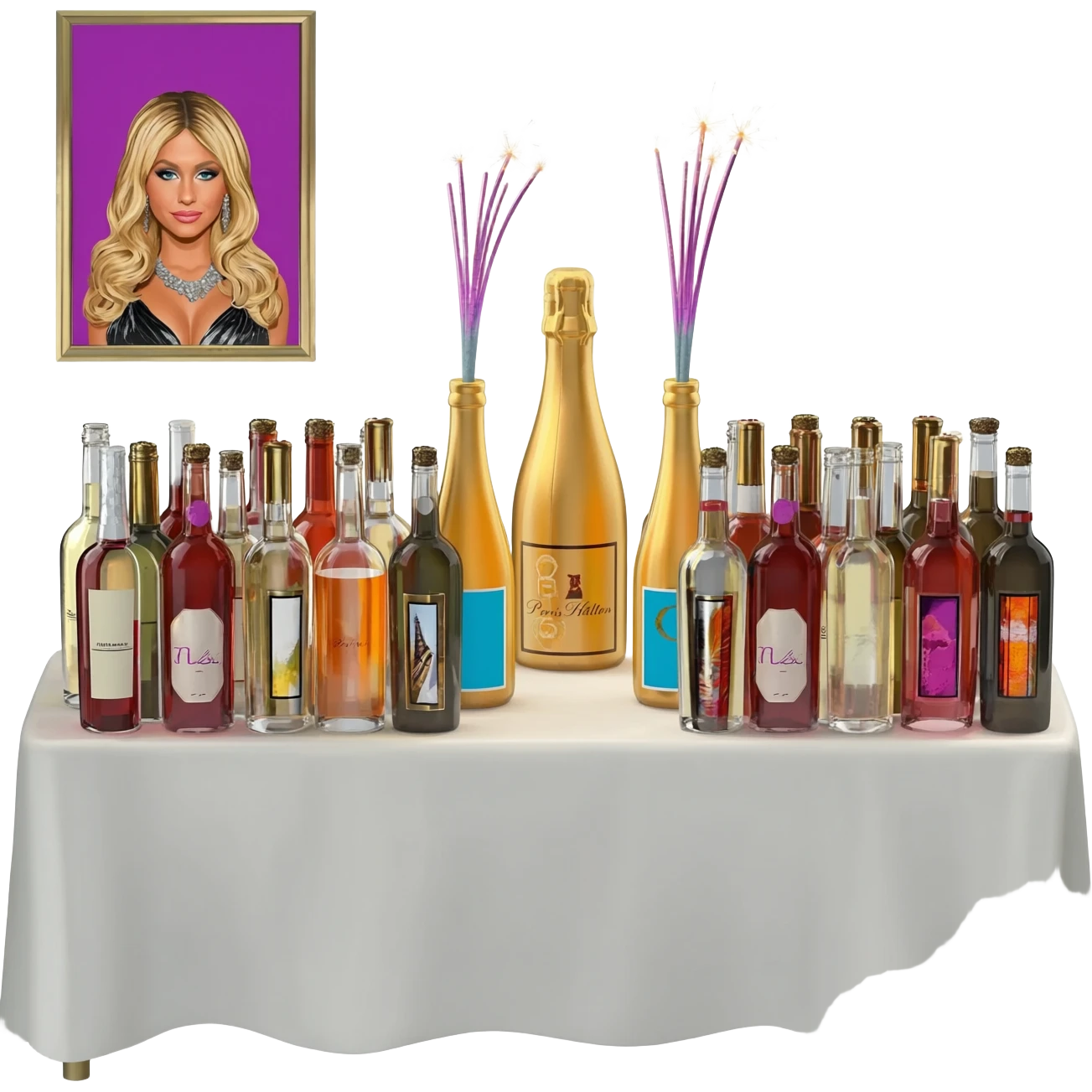 a table with dozens of magnum bottles, sparklers, and Paris Hilton emoji