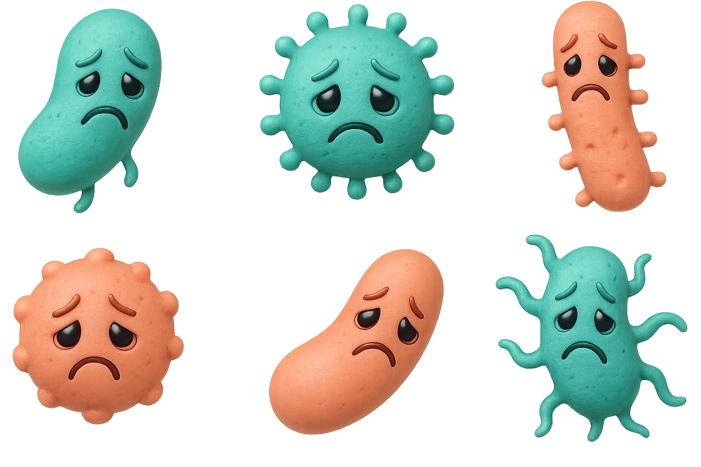 EMOJI STILE IPHONE DI 3 BATTERI INTESTINALI di forme diverse turchesi tristi e 3 batteri intestinali rosa salmone tristi CHE FLUTTUANO IN ARIA IPERREALISTICO 4K emoji
