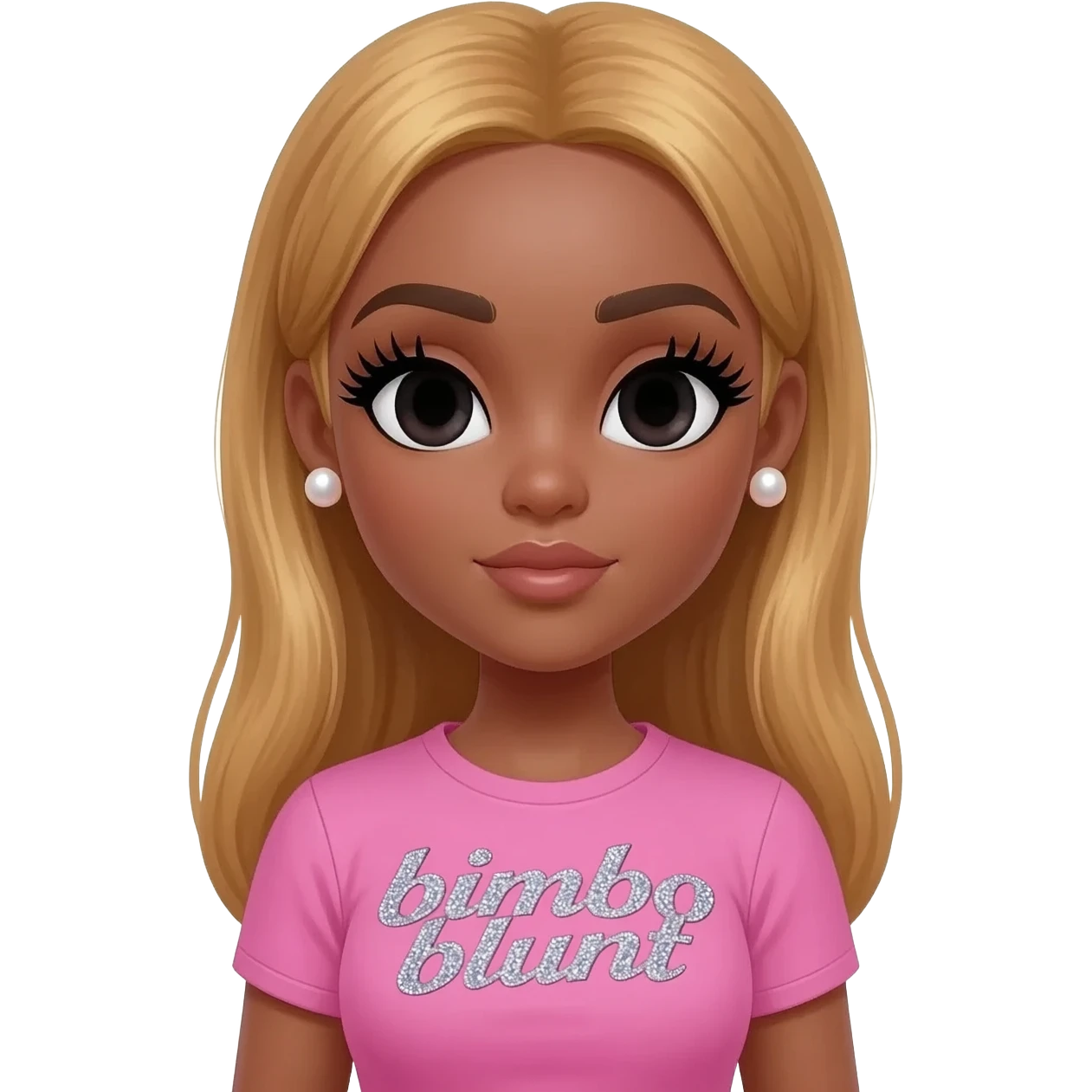 doll body , dark brown eyebrows, dark skin girl, pearl earrings stud, Long giant lashes, bimbo, black doll eyes, barbie, dark brown skin, with honey blonde hair, big breast, pink 2000s t shirt says on the sparkling text “bimbo blunt” emoji