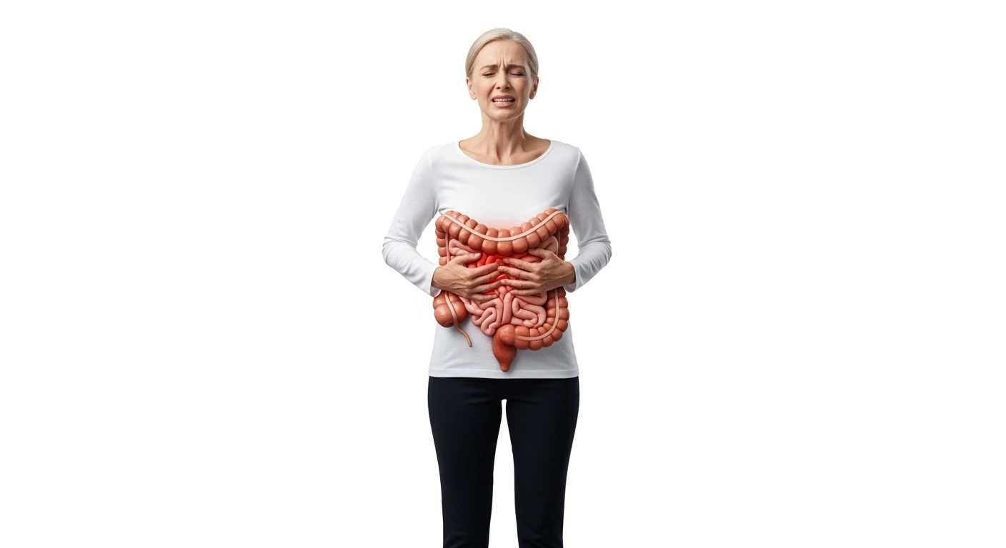 donna a figura intera con intestino umano realistico in 3d in evidenza dolorante, espressione di dolore in volto, sfondo bianco, non farla computerizzata, ma iperrealistica 4k, sfondo bianco emoji