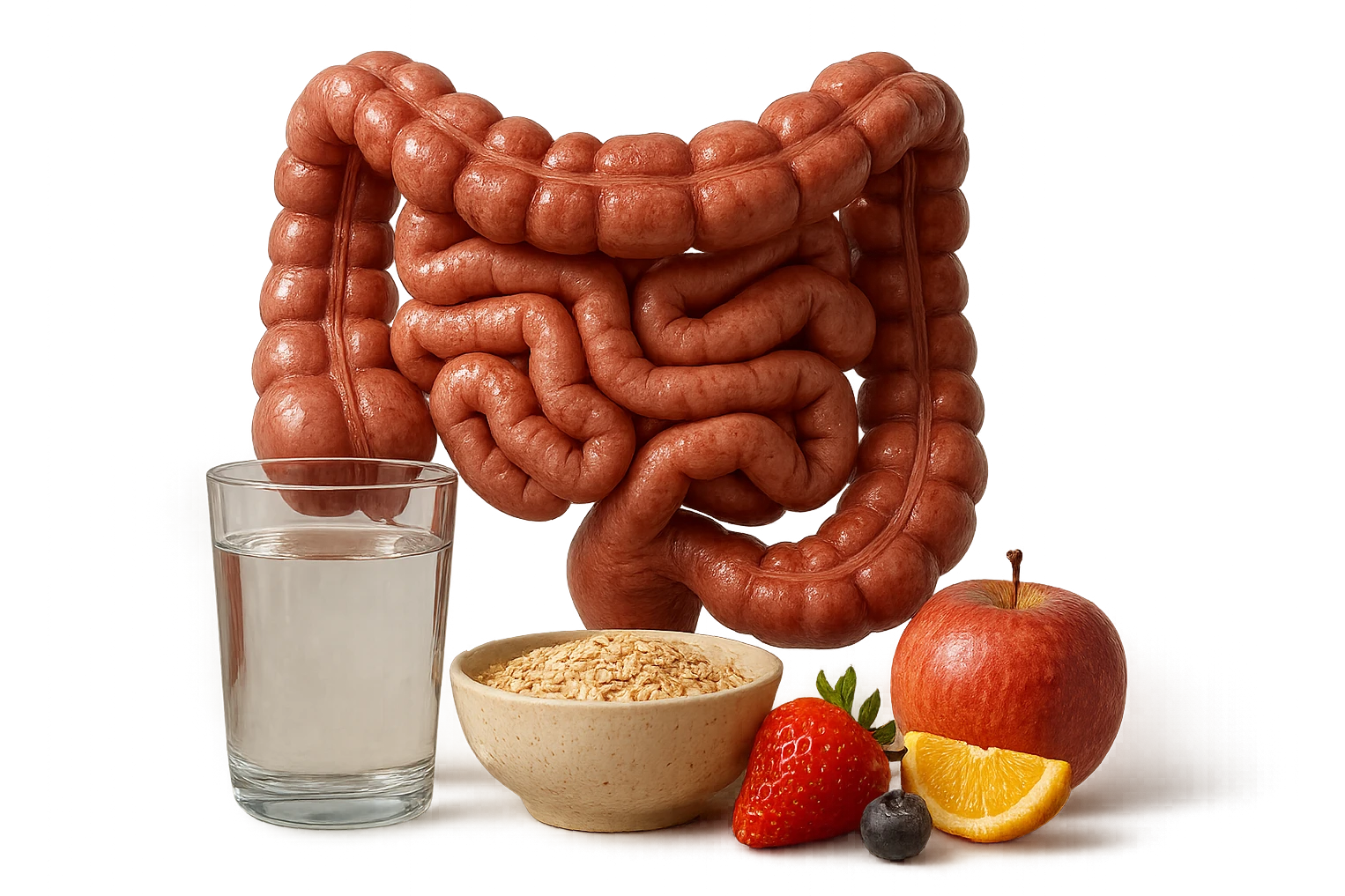 intestino umano anatomico sullo sfondo, davanti a lui un bicchiere di acqua, una bowl di avena e un po' di frutta mista, iperrealistici 4k emoji