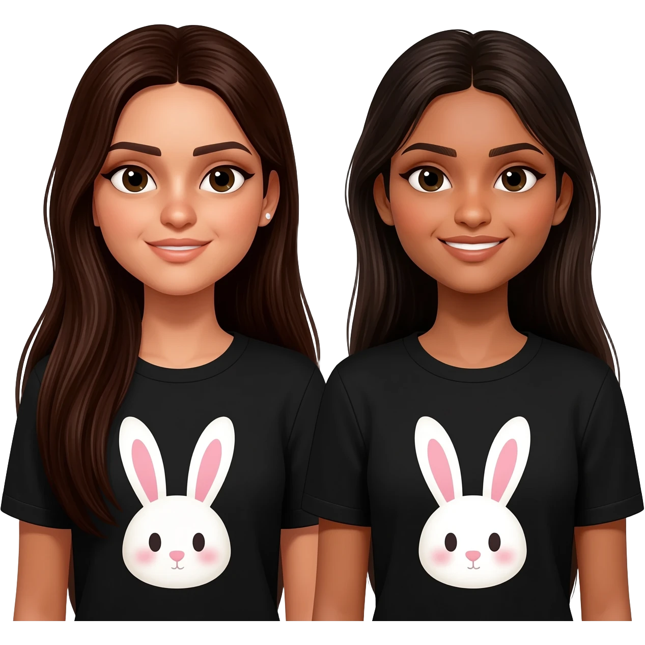 two identical friend. both have natural makeup look. No smile lines, make the bunnies kawaii and the shirt black. Both have matching bunny shirts and have PIN STRAIGHT HAIR One has super long dark brown hair that goes to waist, one has long hair that is also dark brown. They both have Indian skin emoji