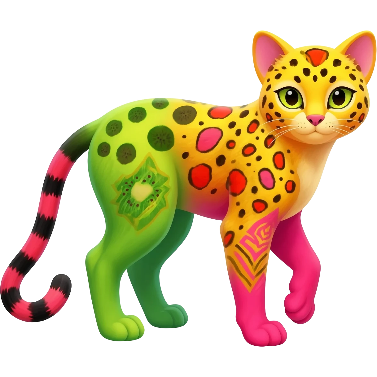 Colorful cute adorable tropical exotic fruity kiwi-green lemony rosy neon-red Caracal-Cheetah-Civet-Trico-fusion-hybrid-animal-creature, full body, with tribal tattoos emoji