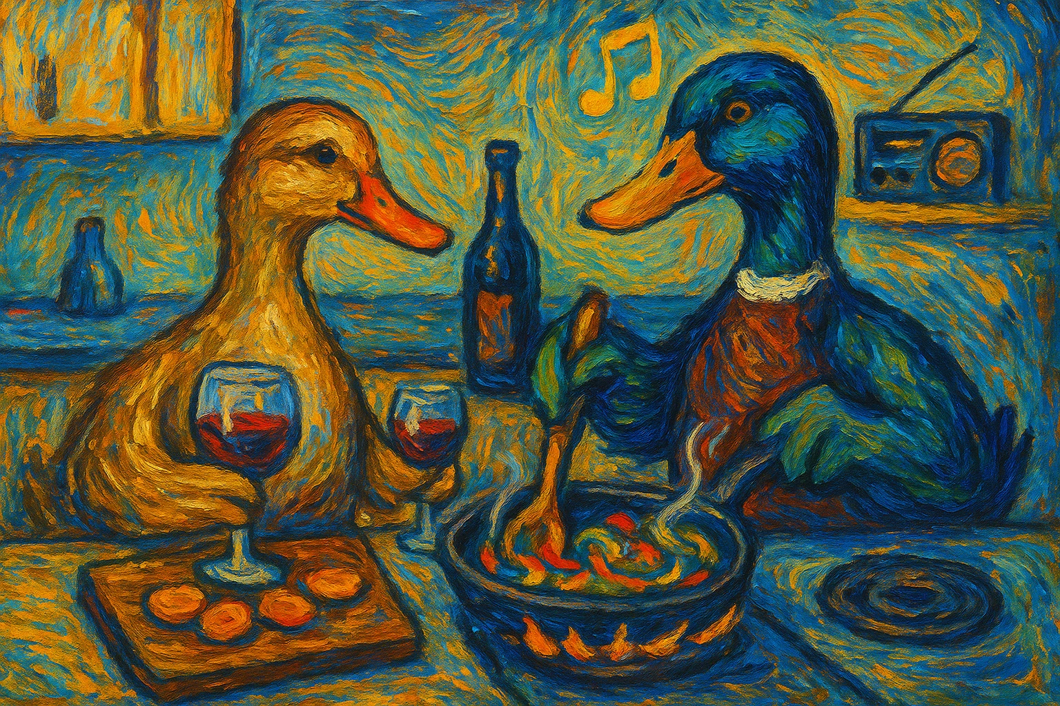 two ducks cooking dinner together in a kitchen, one female and one male, drinking wine and listening to music, in the style of Van Gogh, minimalistic, 4:3 aspect ratio emoji