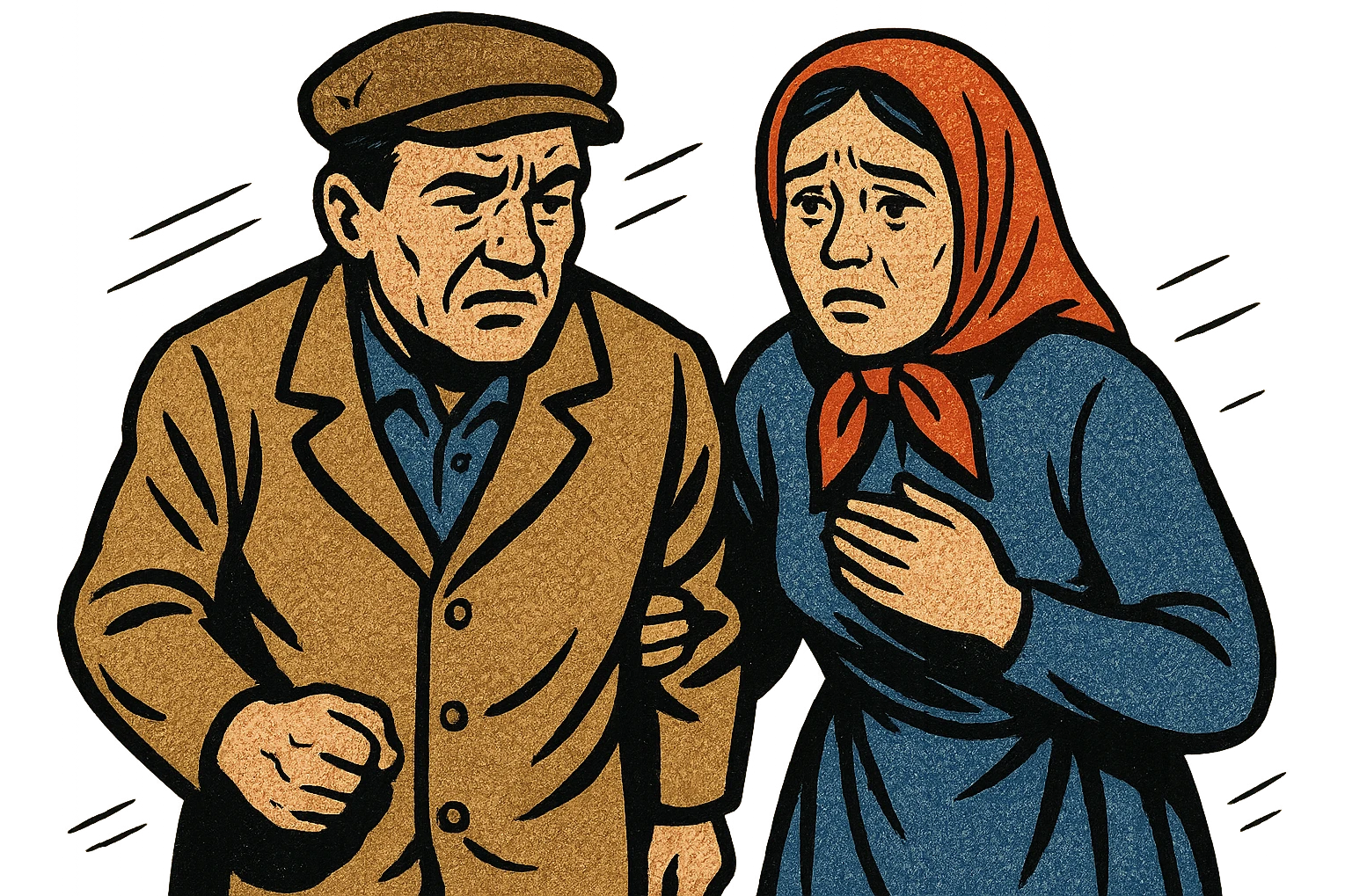 A poor eastern european husband and wife looking worried while walking outside emoji