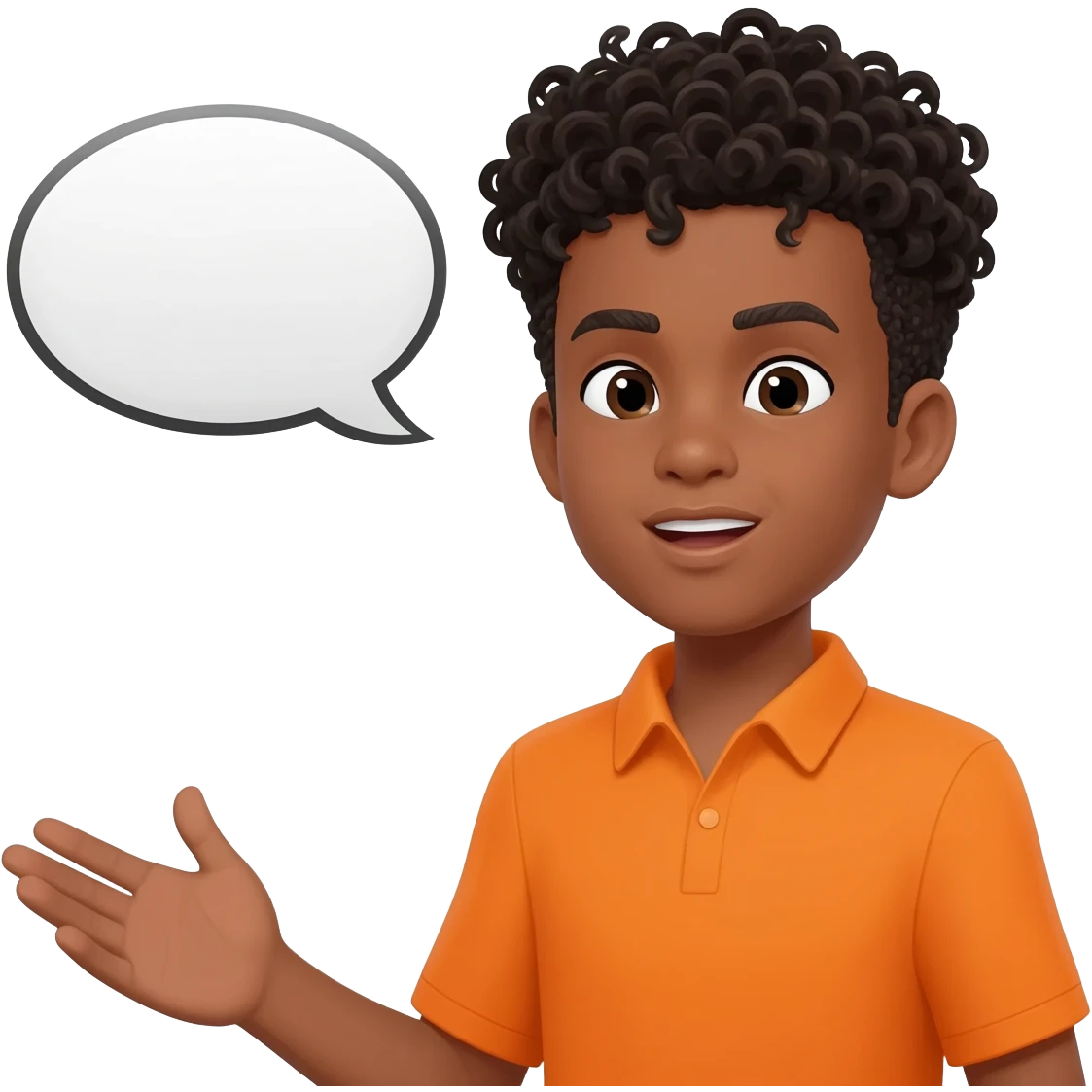 black boy curly hair orange shirt talk bubble emoji