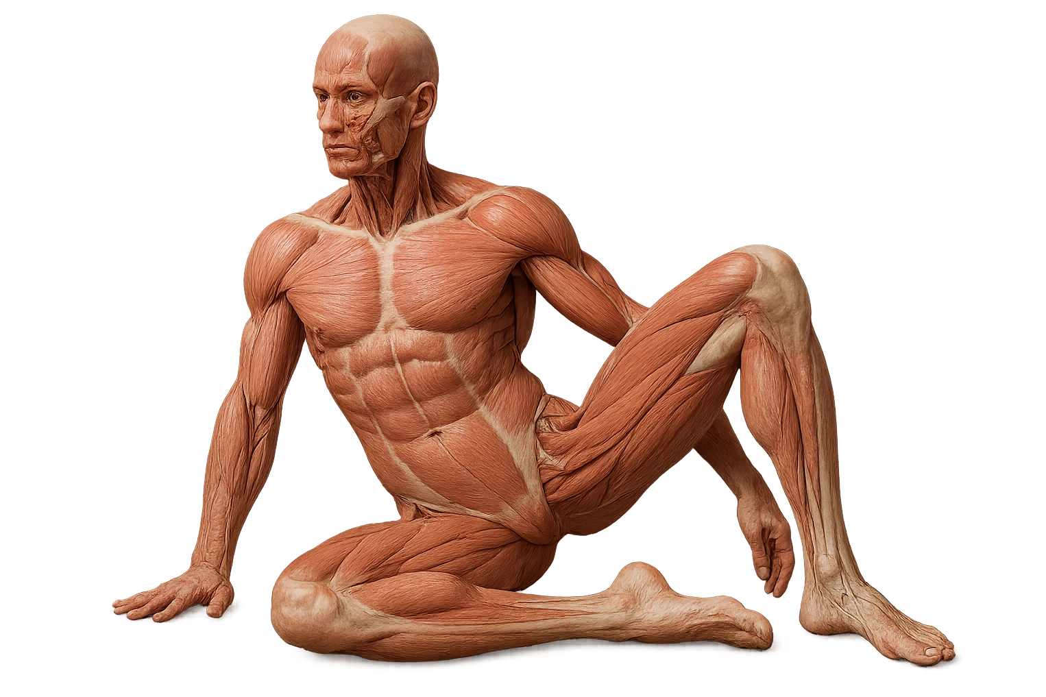 CORPO UMANO ANATOMICO REALISTICO CHE SVOLGE UN ESERCIZIO DI MOBILITà ALLE ANCHE, iperrealistico 4k emoji