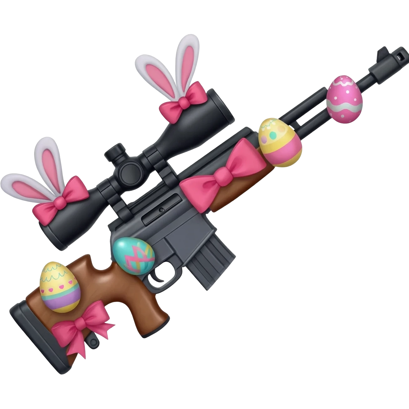 easter theme sniper rifle like with bunny ears and eggs and pink and a tie bow emoji